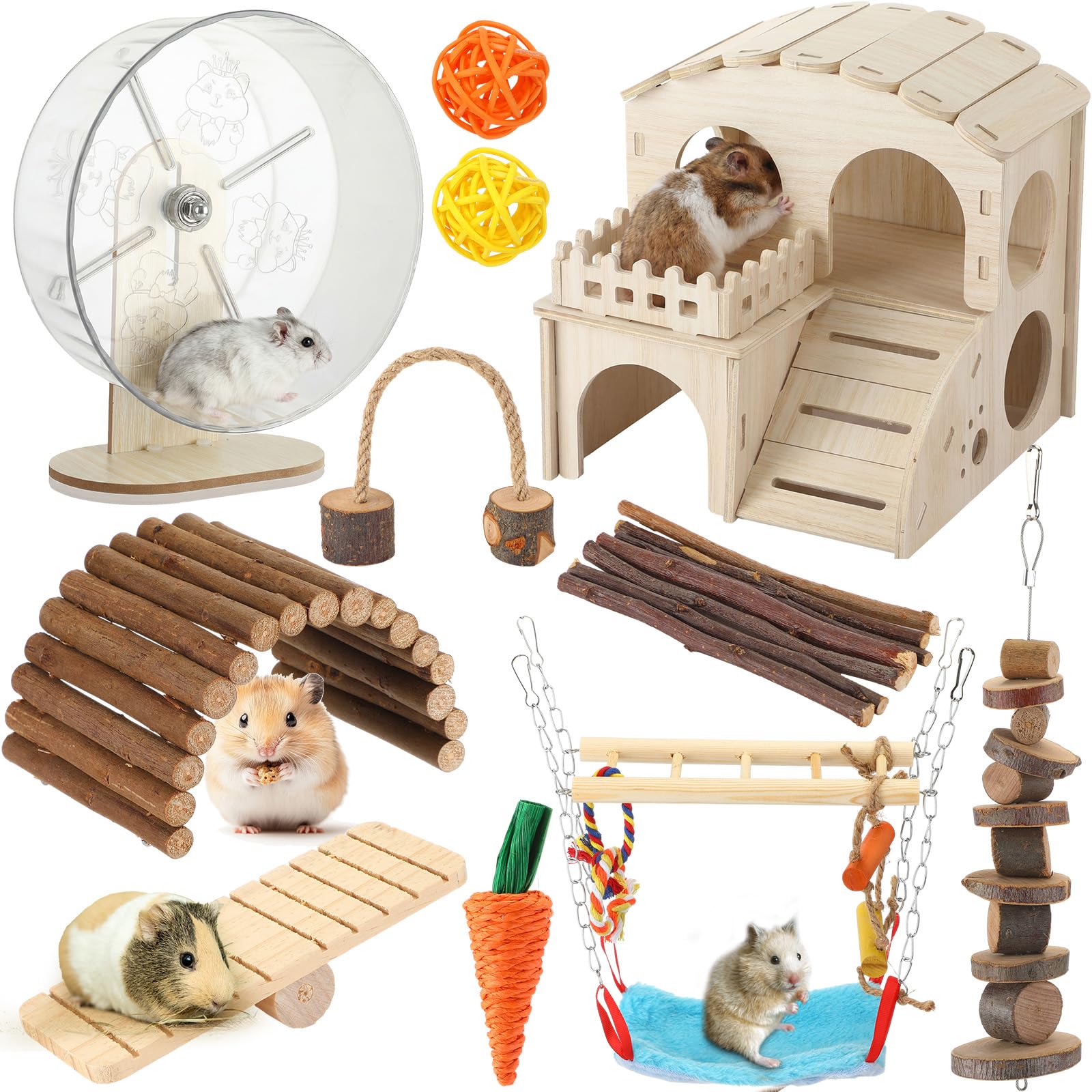 VercanMonth 11 Pcs Hamster Cage Accessories Set, Wooden Hawaii House, Bridge, Exercise Wheel, Swing, Chew Toys & More, Natural W