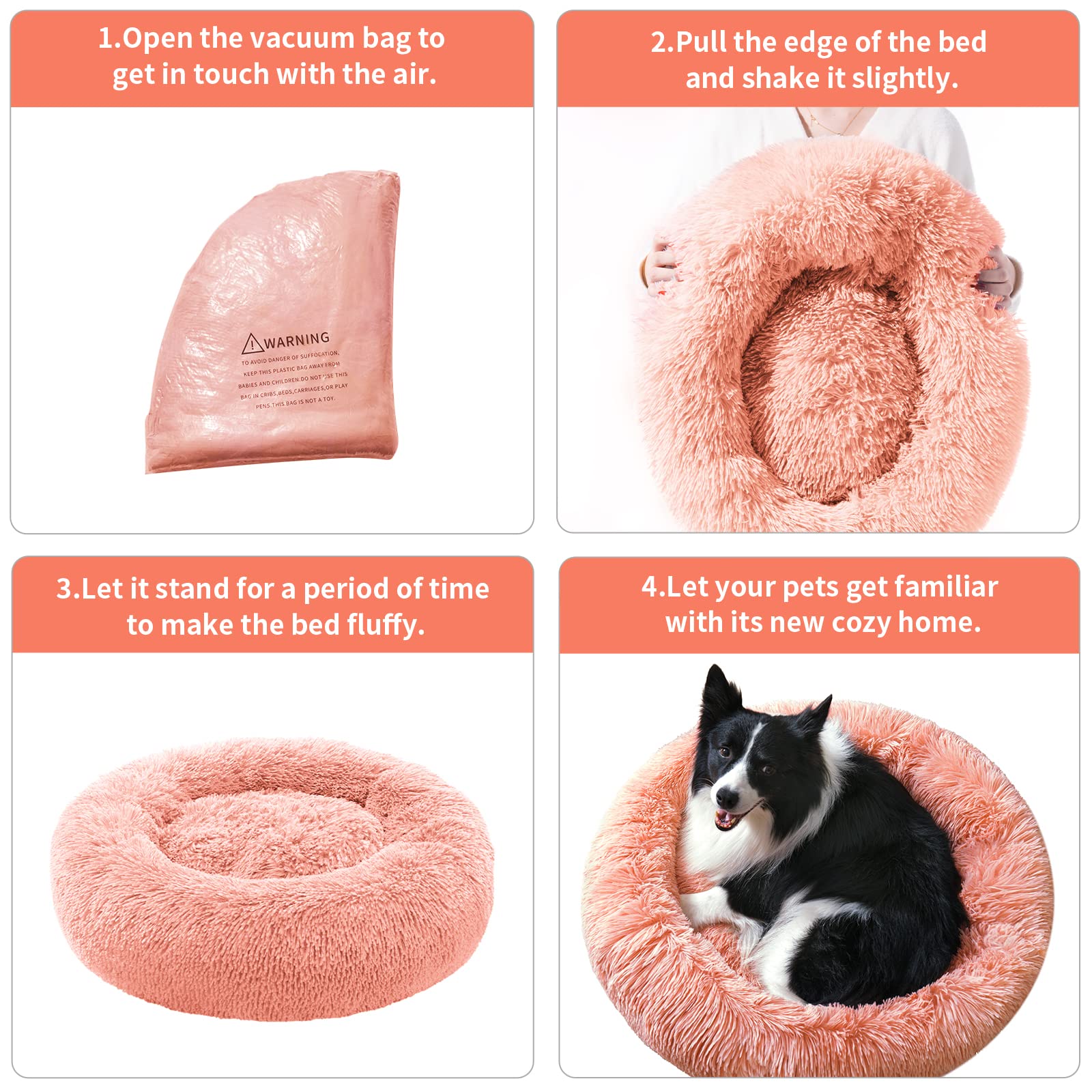 Calming Dog Bed For Large Dogs, Anti Anxiety Donut Dog Bed, Round Dog Bed, Plush Faux Fur Dog Bed, Fluffy Dog Bed, Soft Cozy Pet Bed, Machine Washable, 36X36Inch Pink