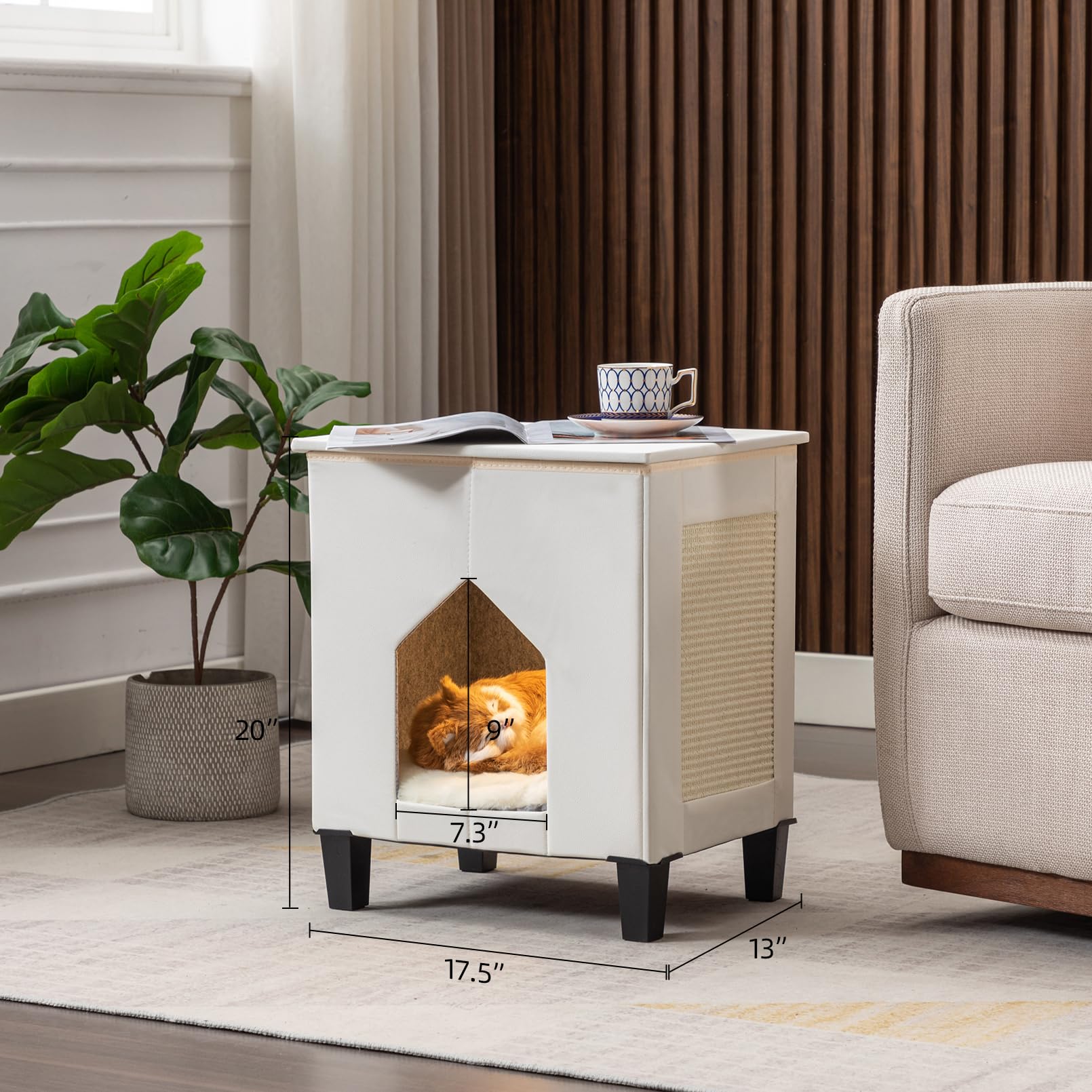 NUROMY Cat Condo & Hideaway Cave with Scratch Pad, Leather Cat Bed & Side Table, White