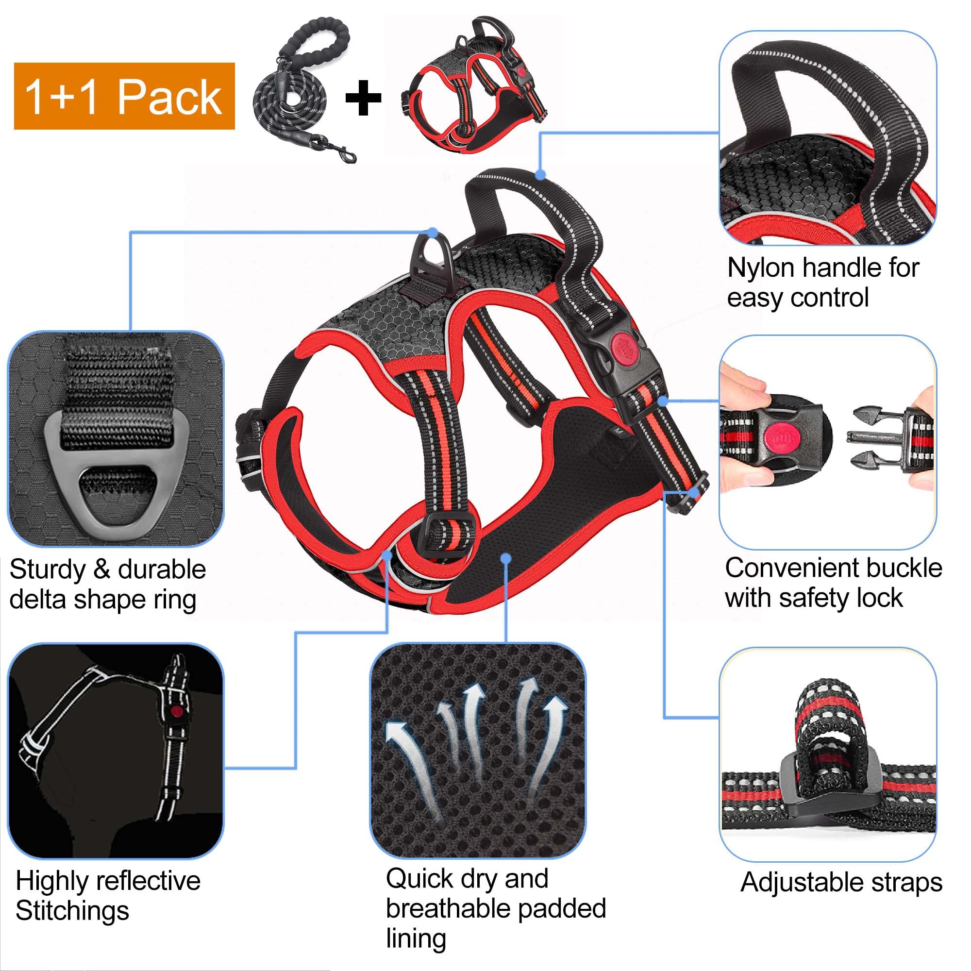 Tobedri No Pull Harness Adjustable Reflective Oxford Easy Control Medium Large Dogs With A Free Heavy Duty 5Ft Leash