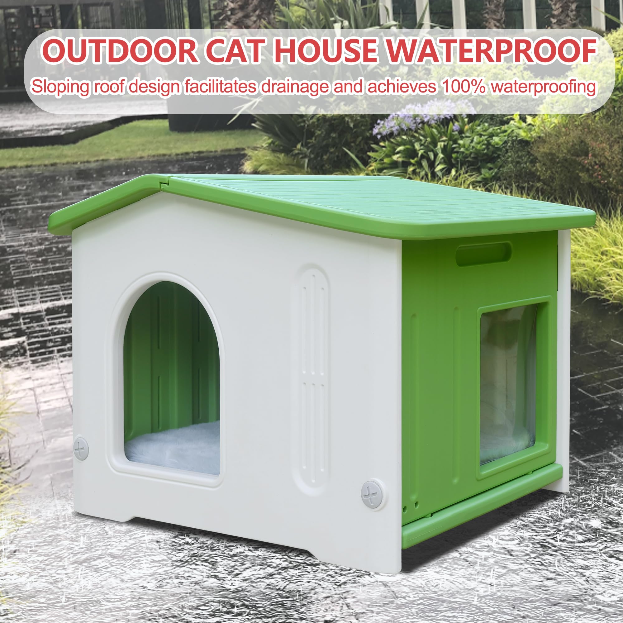 Outdoor Cat House With Escape Door,Feral Cat House With Selfwarming Mat Outdoor Cat House Watwerproof Large Cat House For 1-2 Ca