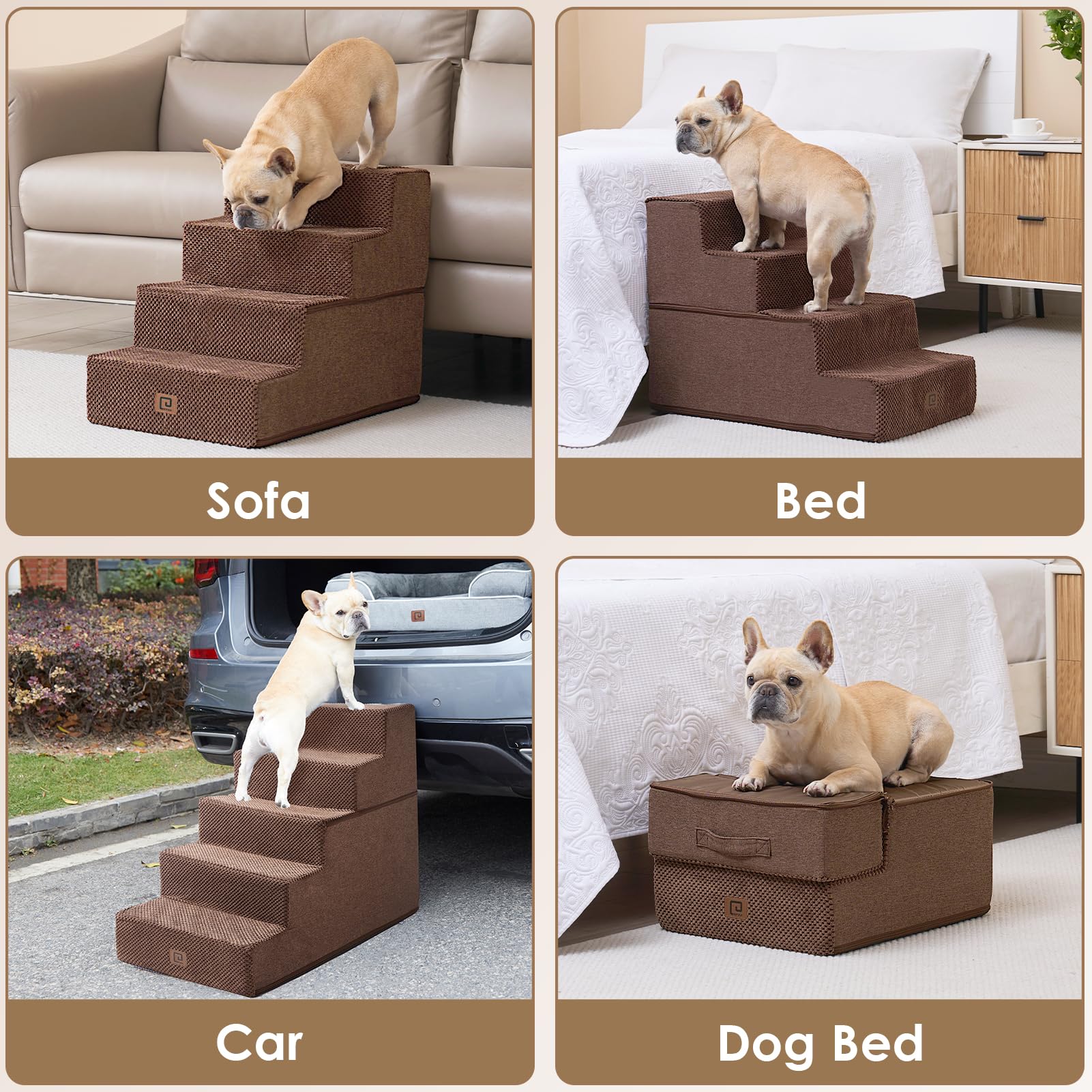 Eheyciga Dog Stairs For Bed 18”H, 4-Step Dog Steps For High Bed, Pet Steps For Small Dogs And Cats, Non-Slip Balanced Dog Indoor Ramp, Brown