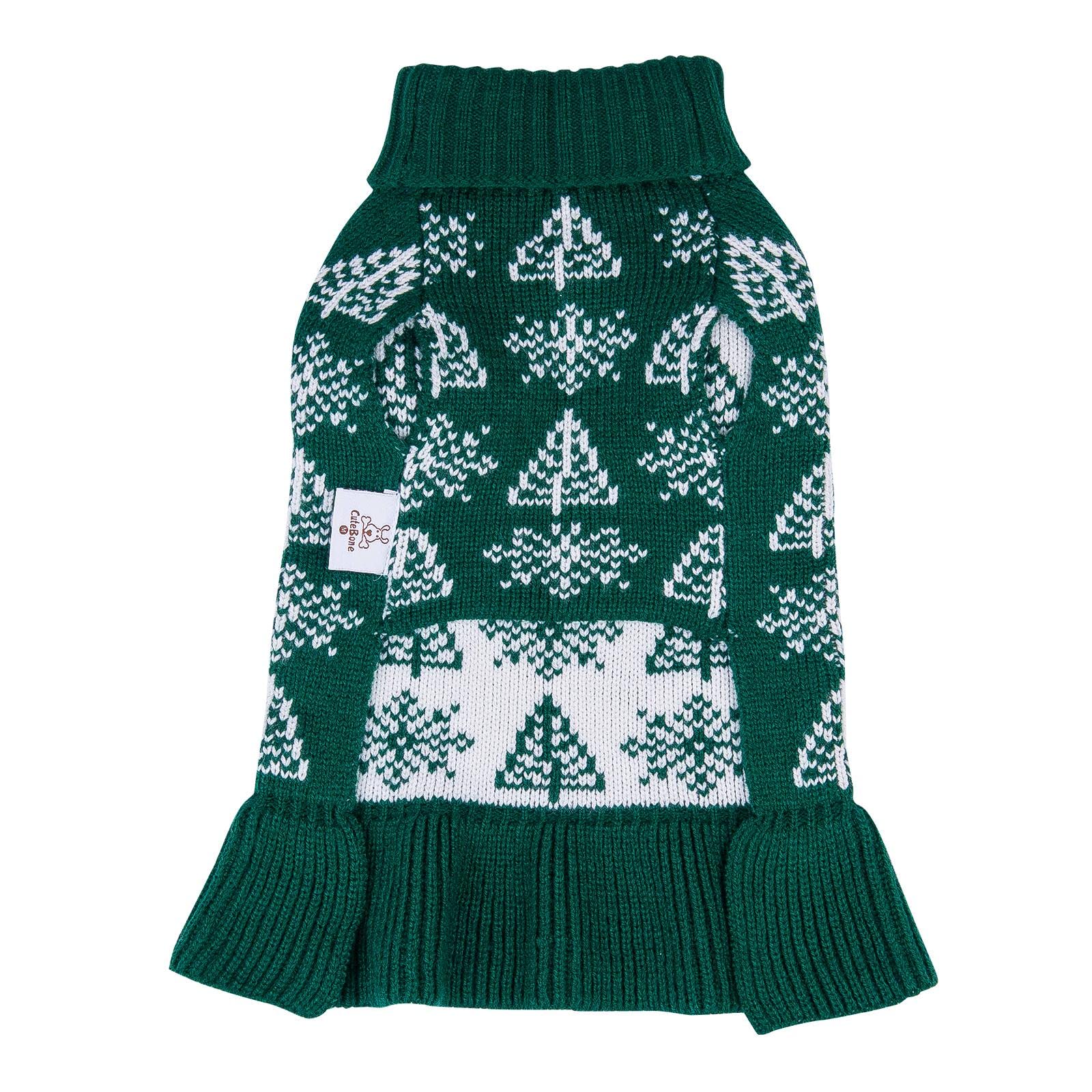 Cutebone Ugly Dog Christmas Sweater Dress Winter Knit Green Turtleneck Puppy Sweater With Craft Pom Pom Ball Pullover Ruffle Dre