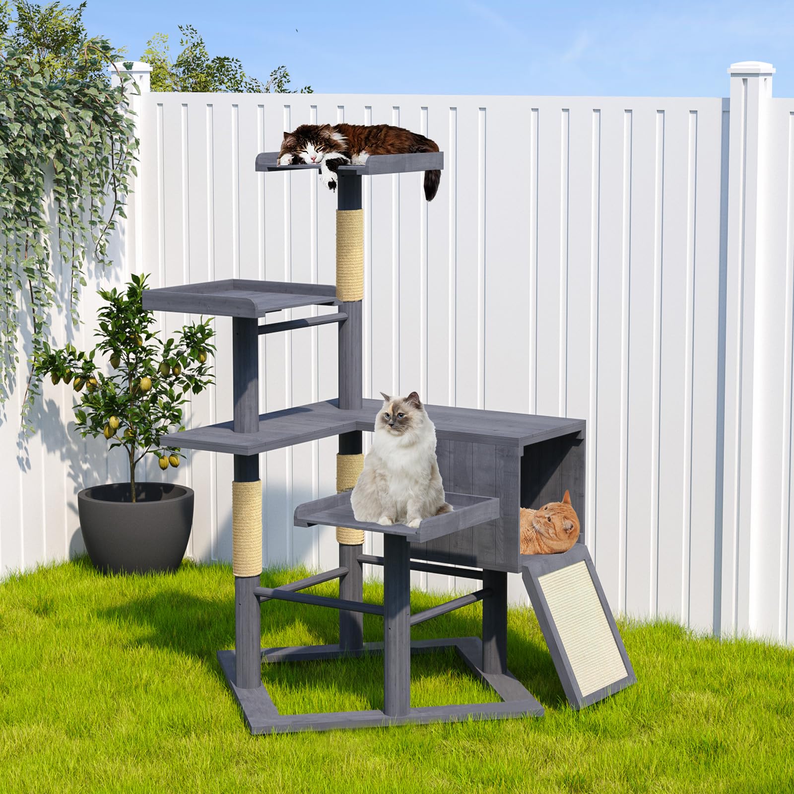 GDLF Outdoor Cat Tree, 67 Weatherproof Wood Cat Tree Tower for Large Cats with Condo and Scratching Posts, Perches