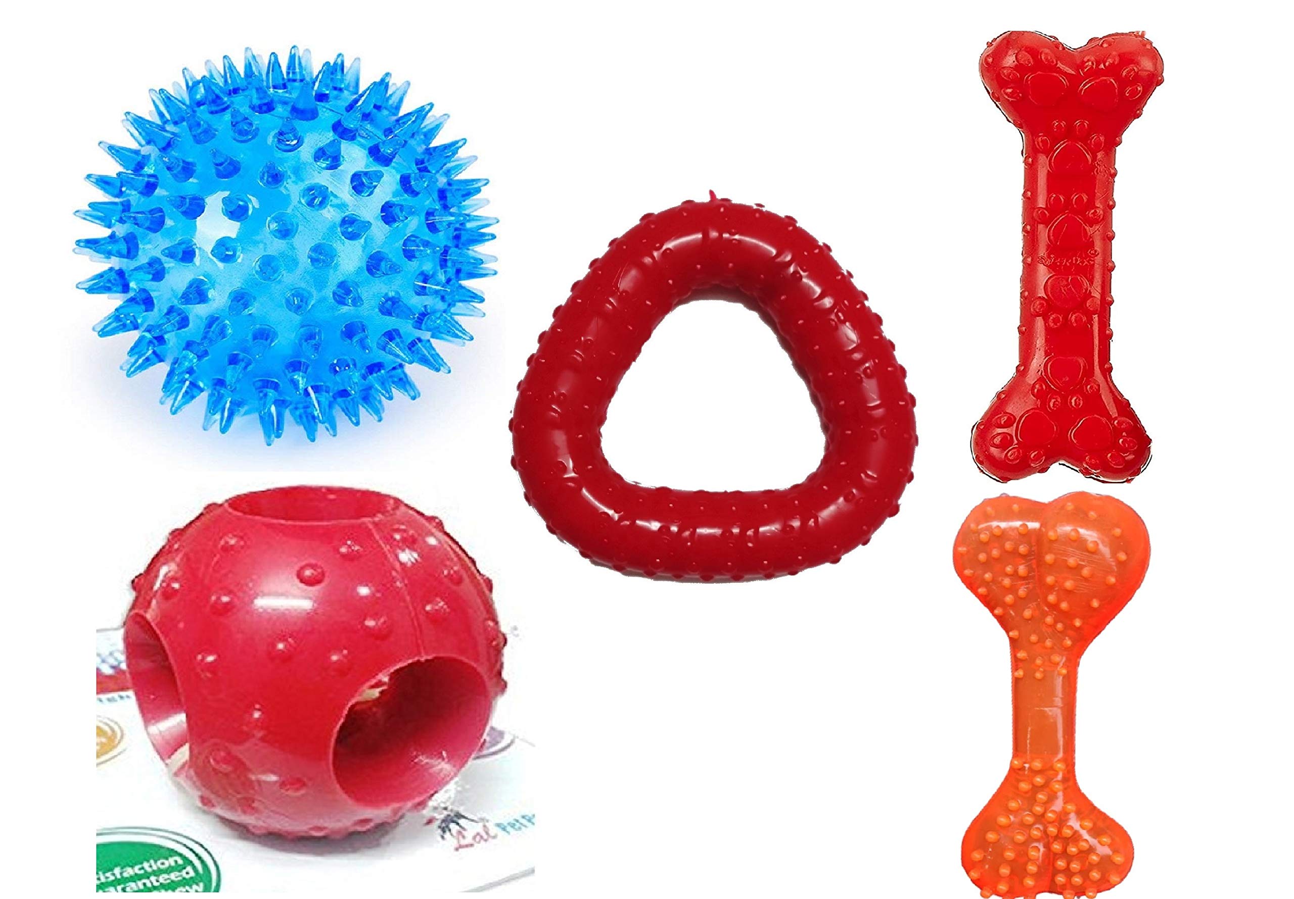 Psk Pet Mart Rubber Dog Toys Combo  5 Toys Flavoured Bone, Hole Ball, Spike Led Ball Trio Ring And Paw Print Bone Dog Chew Toy 