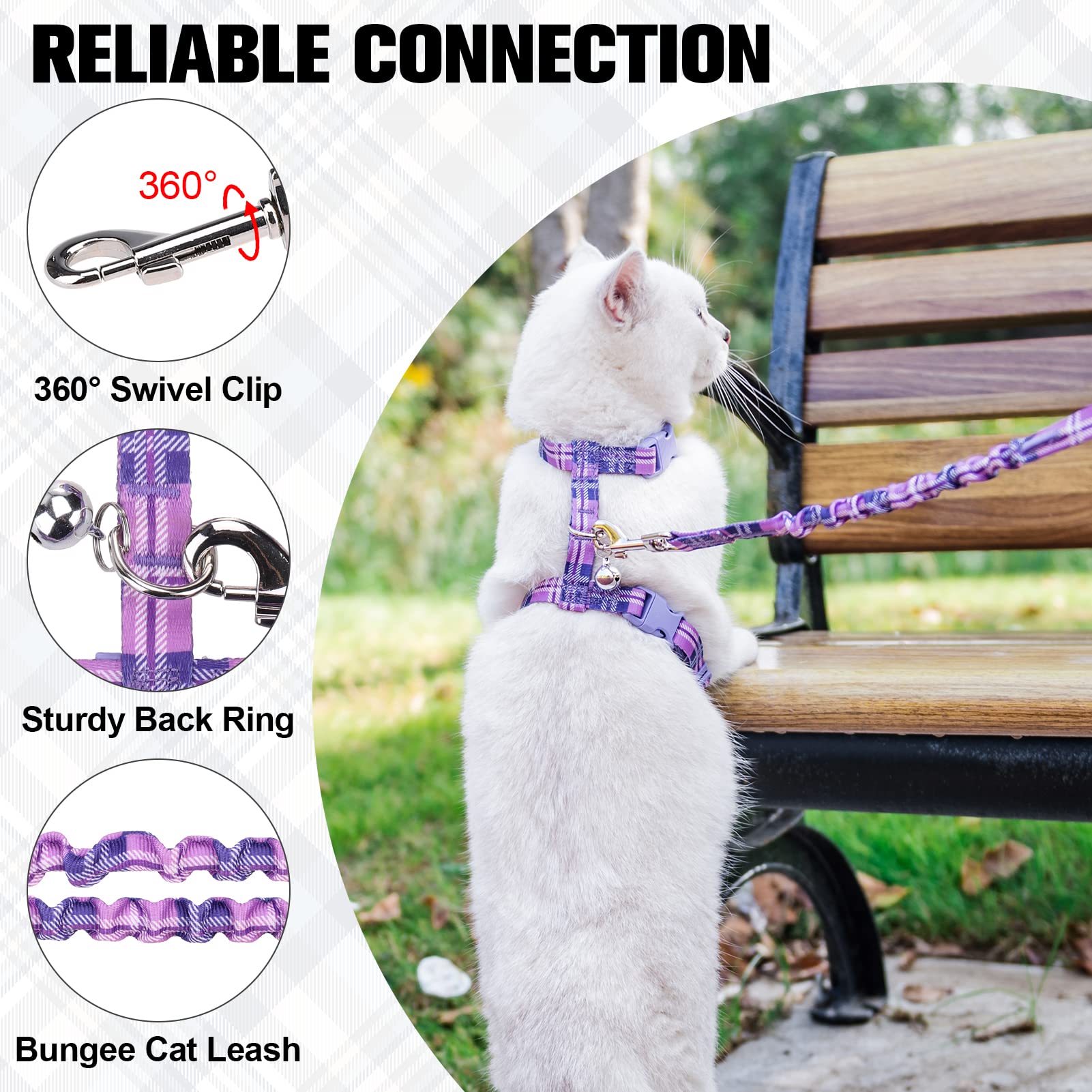 Beautyzoo Cat Harness And Leash Set Escape Proof For Walking, Kitten Soft Adjustable Vest Harnesses For Small Medium Large Cats, Easy Control Breathable Plaid Ribbon Nylon For Outdoor Indoor Use