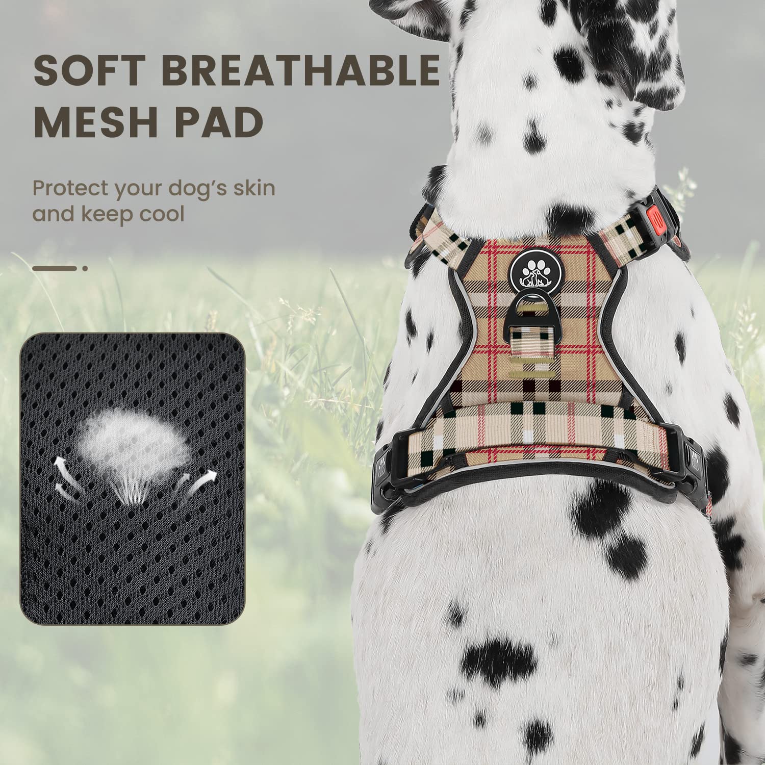 Furryfection Plaid Dog Harness For Large Dogs | No Pull Reflective Pet Harness | No Choke Adjustable Dog Vest Harnesses | With Leash | Easy Control Handle | Front Lead | Seat Belt | Beige&White | Xl