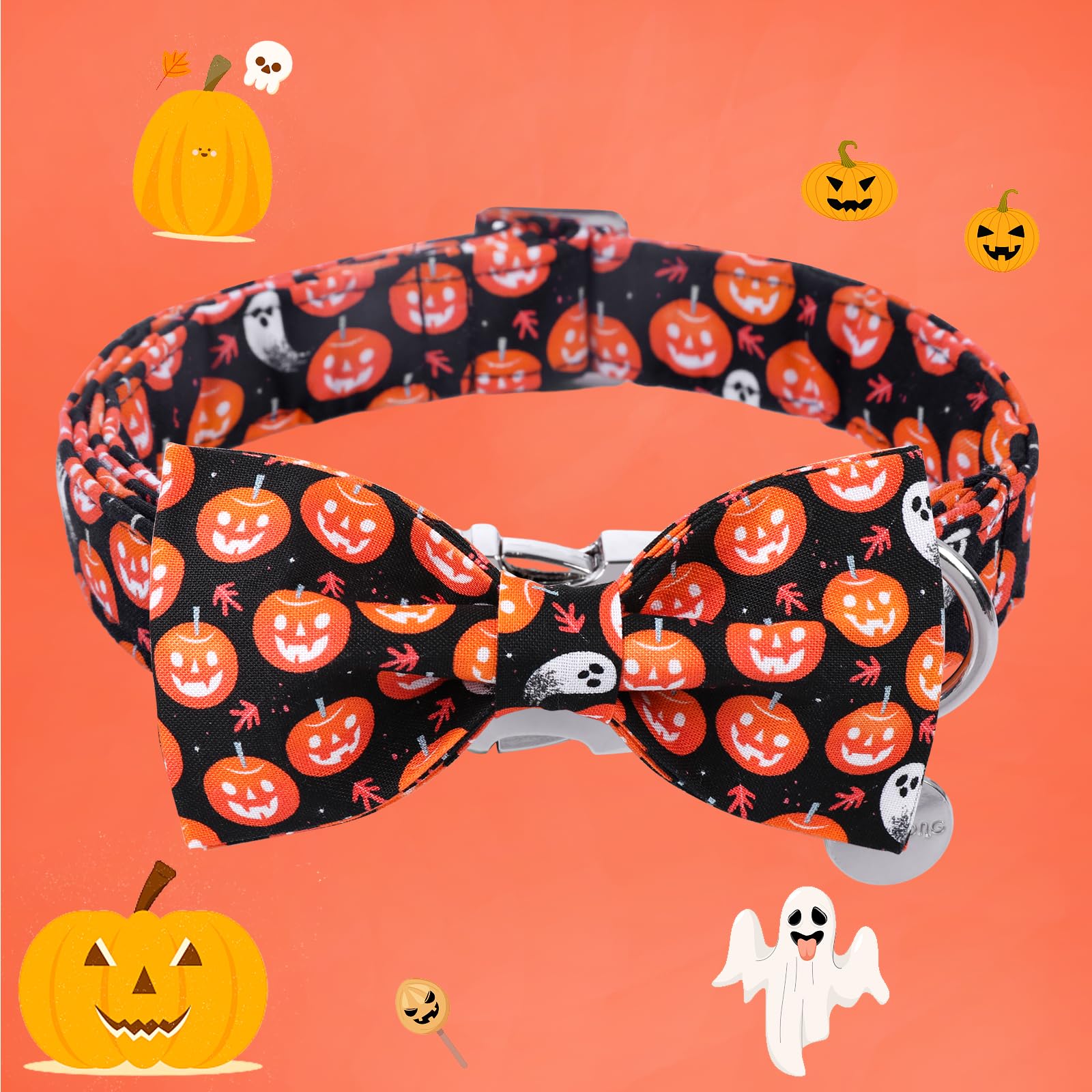 Dogwong Fall Dog Collar With Bowtie - Black Pumpkim Dog Collar Soft Cotton Autumn Dogs Necklace- Halloween Puppy Necklace For Sm