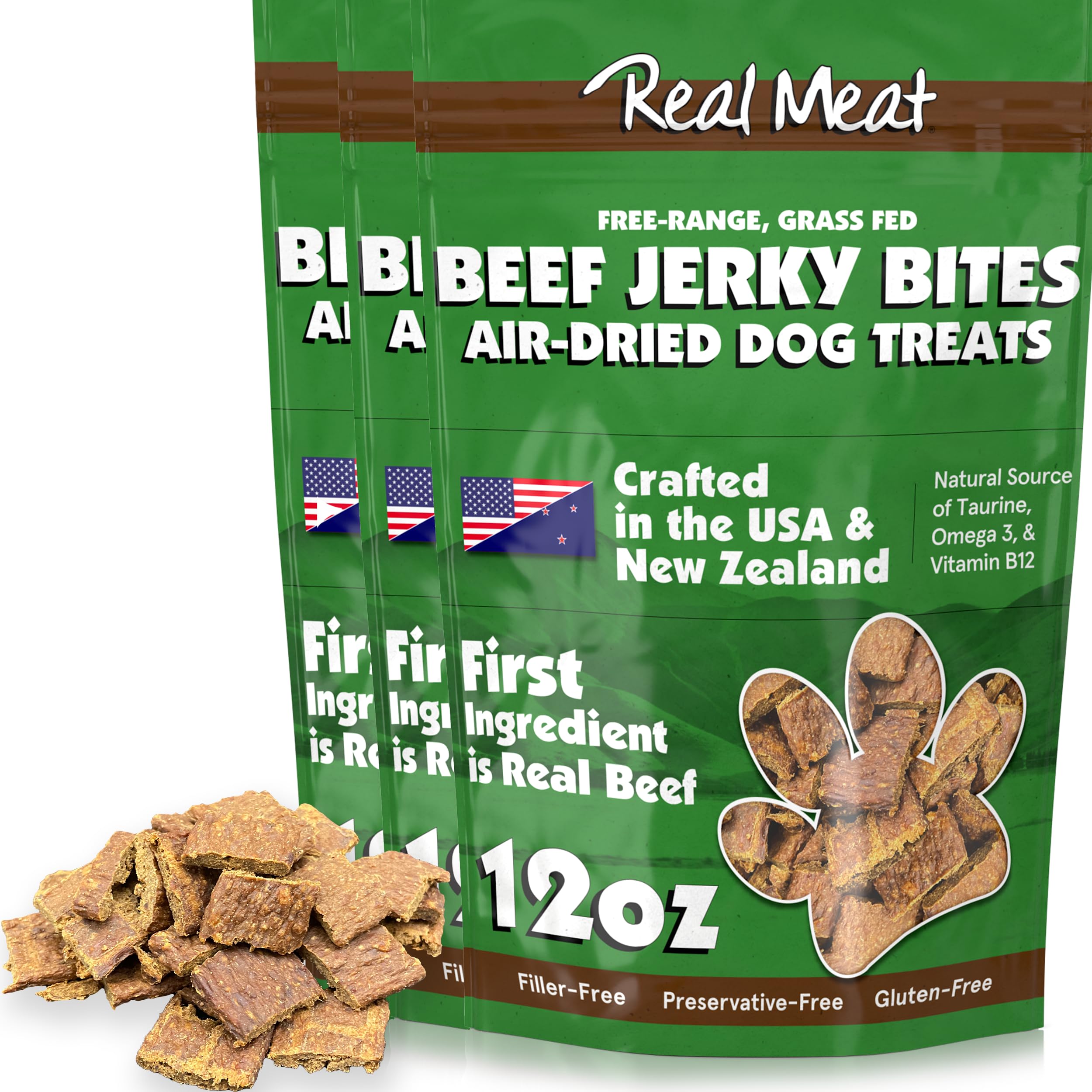Real Meat Dog Treats - Three 12oz Bag of Bite-Sized Air-Dried Beef Jerky for Dogs - Grain-Free Jerky Pet Treats with 95% Free-Ra