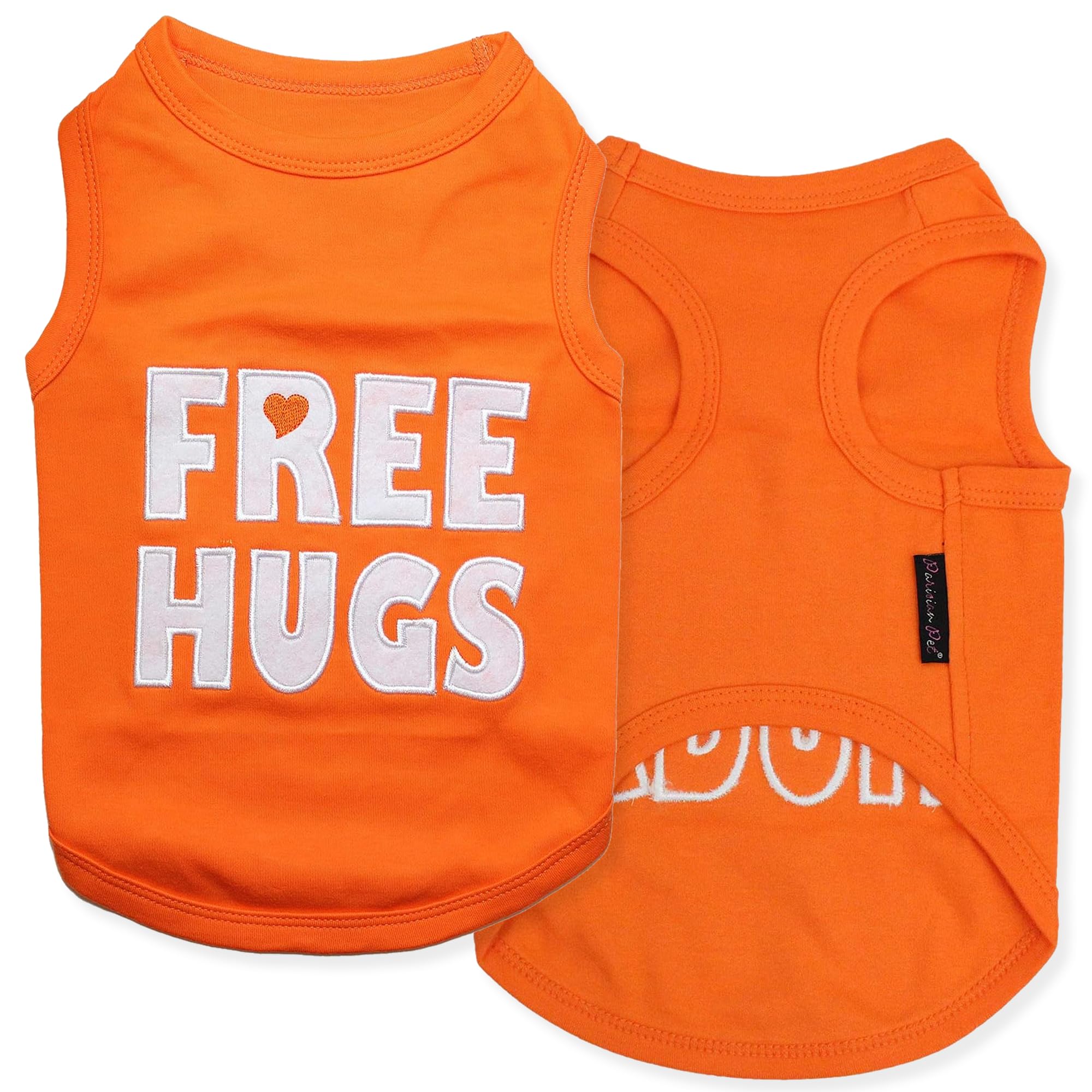 Parisian Pet Dog T-Shirt - Embroidered ' Free Hugs ' Dogs Apparel - 100% Cotton, Dog Clothes - Sleeveless Doggy Tank Top - Machi