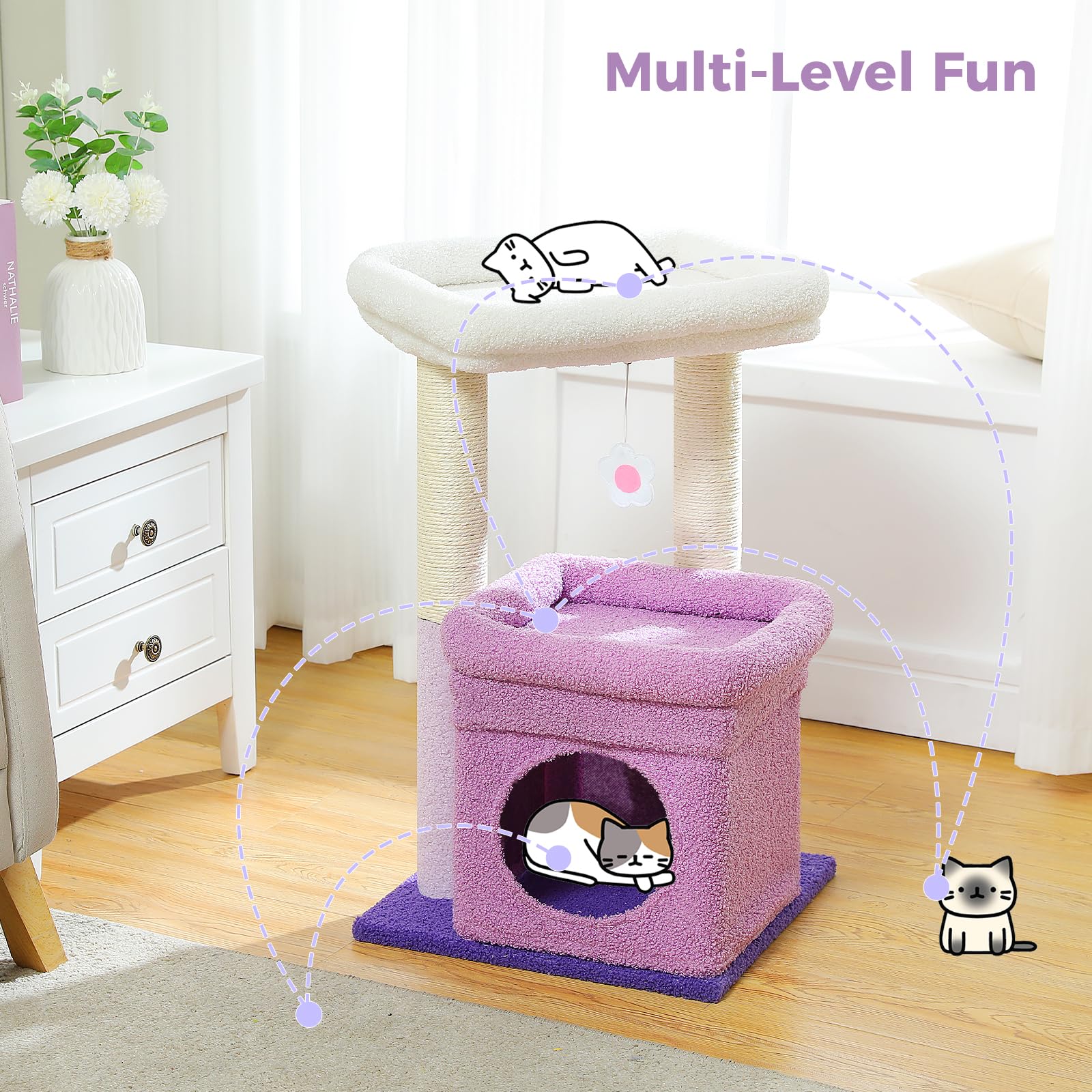 Pequlti Cat Tree Flower Cat Tower For Indoor Cats With Private Cozy Cat Condo, Natural Sisal Scratching Posts And Plush Pom-Pom