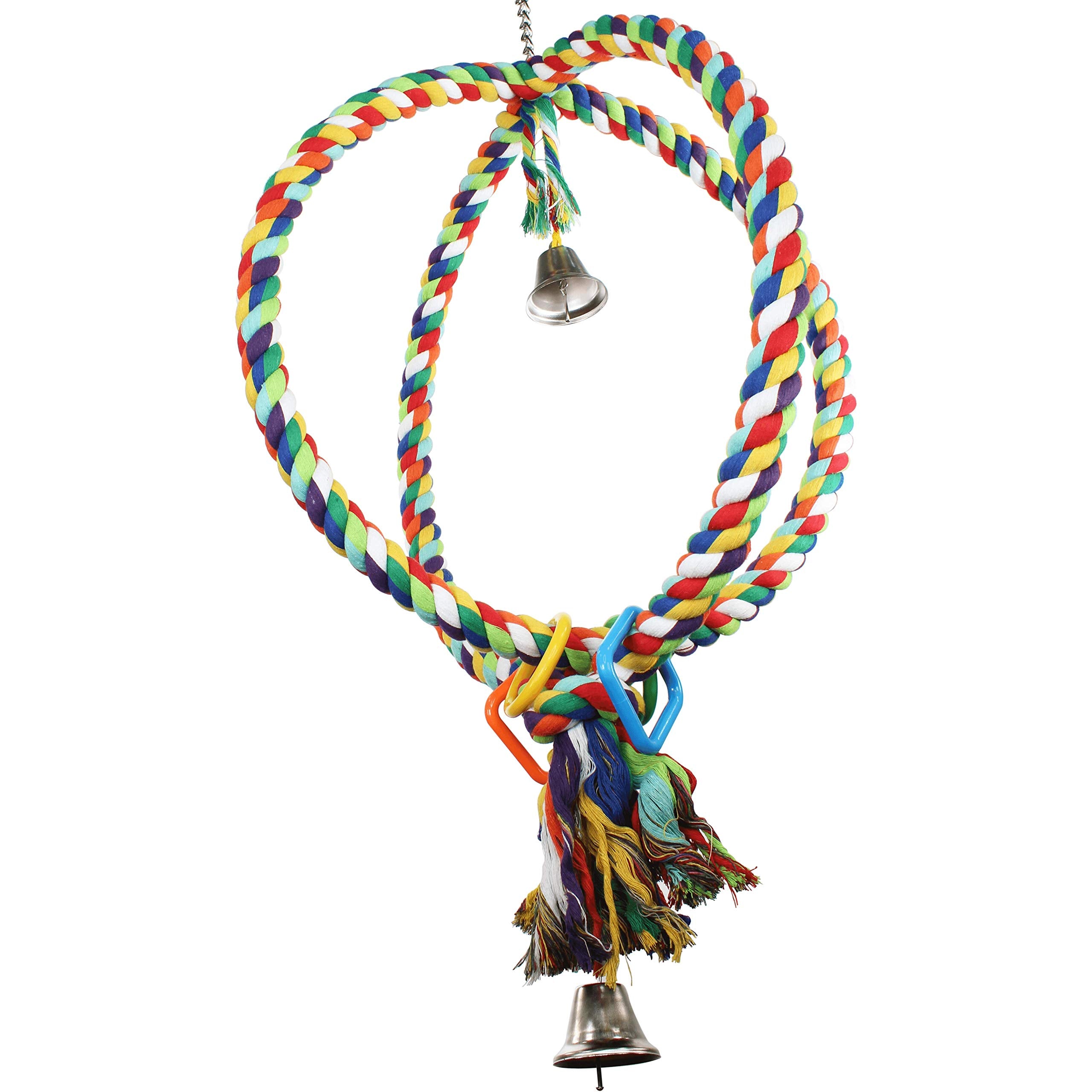 Bonka Bird Toys 1411 Huge Globe Rope Swing, 32' Hanging Bird Perch With Colorful Cotton Rope, Bells, And Plastic Shapes, Large Preening And Climbing Toy, Safe For Macaws, Cockatoos, And Large Parrots