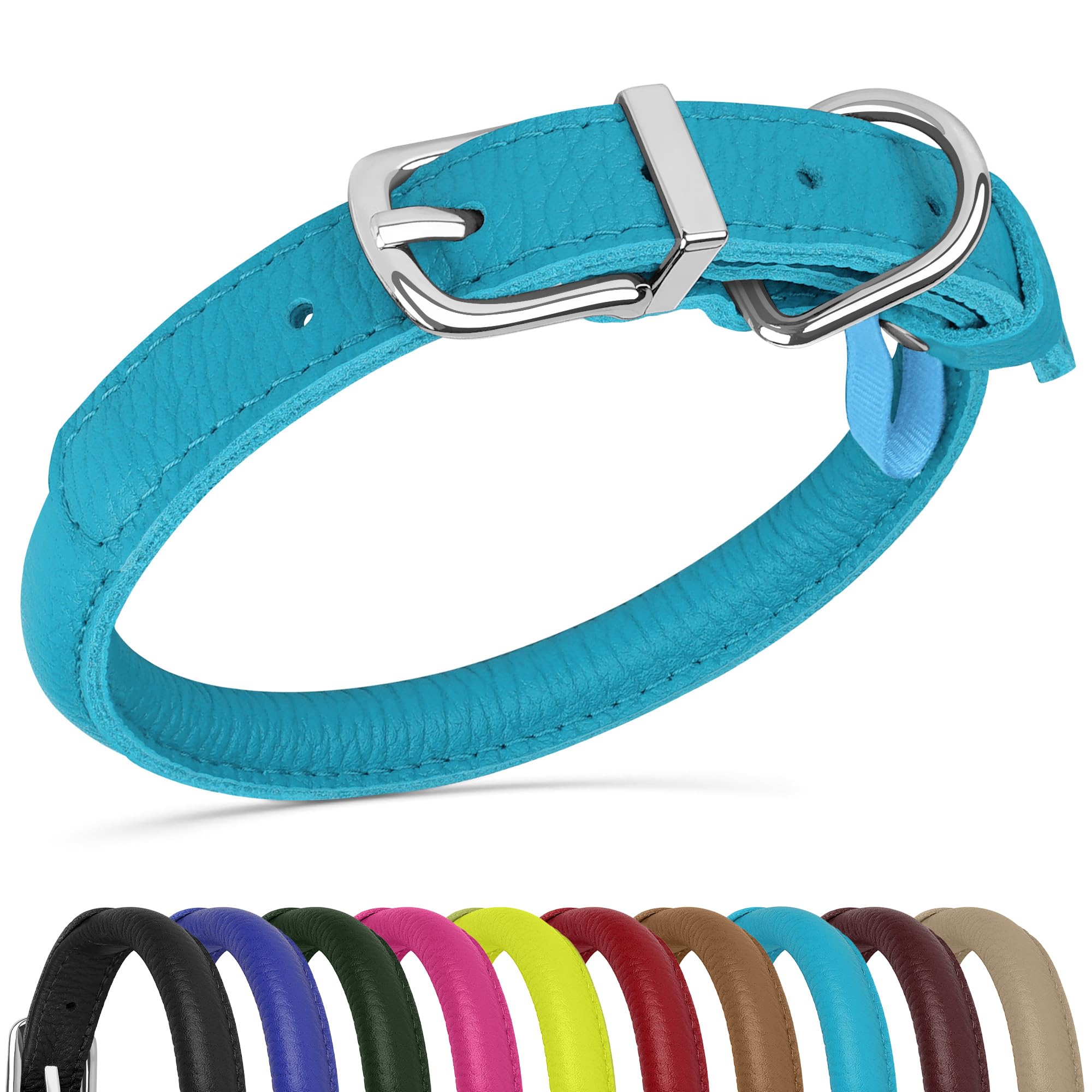 Oopsdoggy Rolled Leather Dog Collar Soft Roll Collars For Small Medium Large Dogs Puppy (Blue, Xxs, 7''-9'')