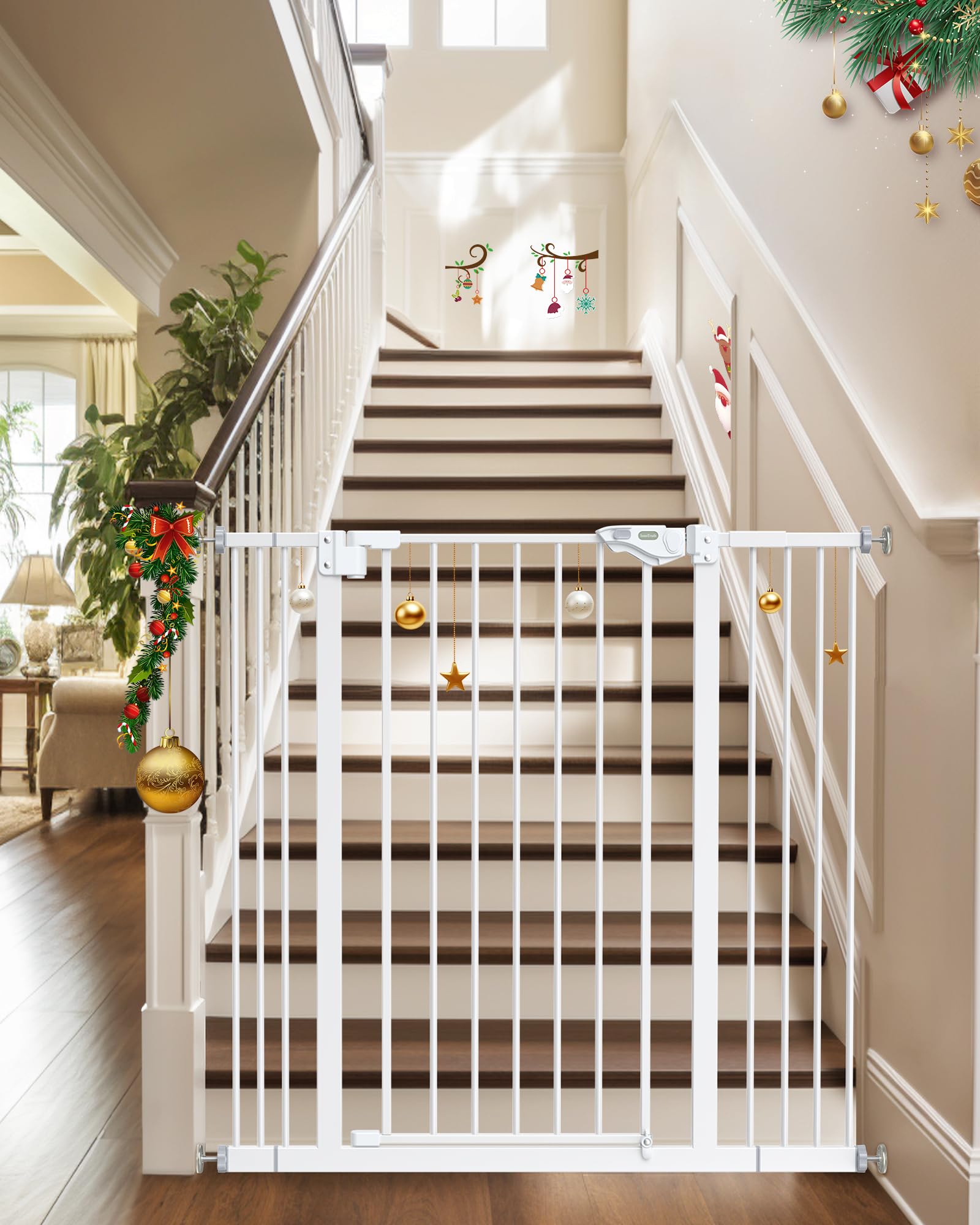 Innotruth 29-39.6”Baby Gate For Stairs,36' Extra Tall Dog Gate For The House,Dual-Lock Safety And One Hand Opening Design,Kid Gate For Doorways,Kitchen,Room,Wall-Friendly Pressure Mounted, Pure White