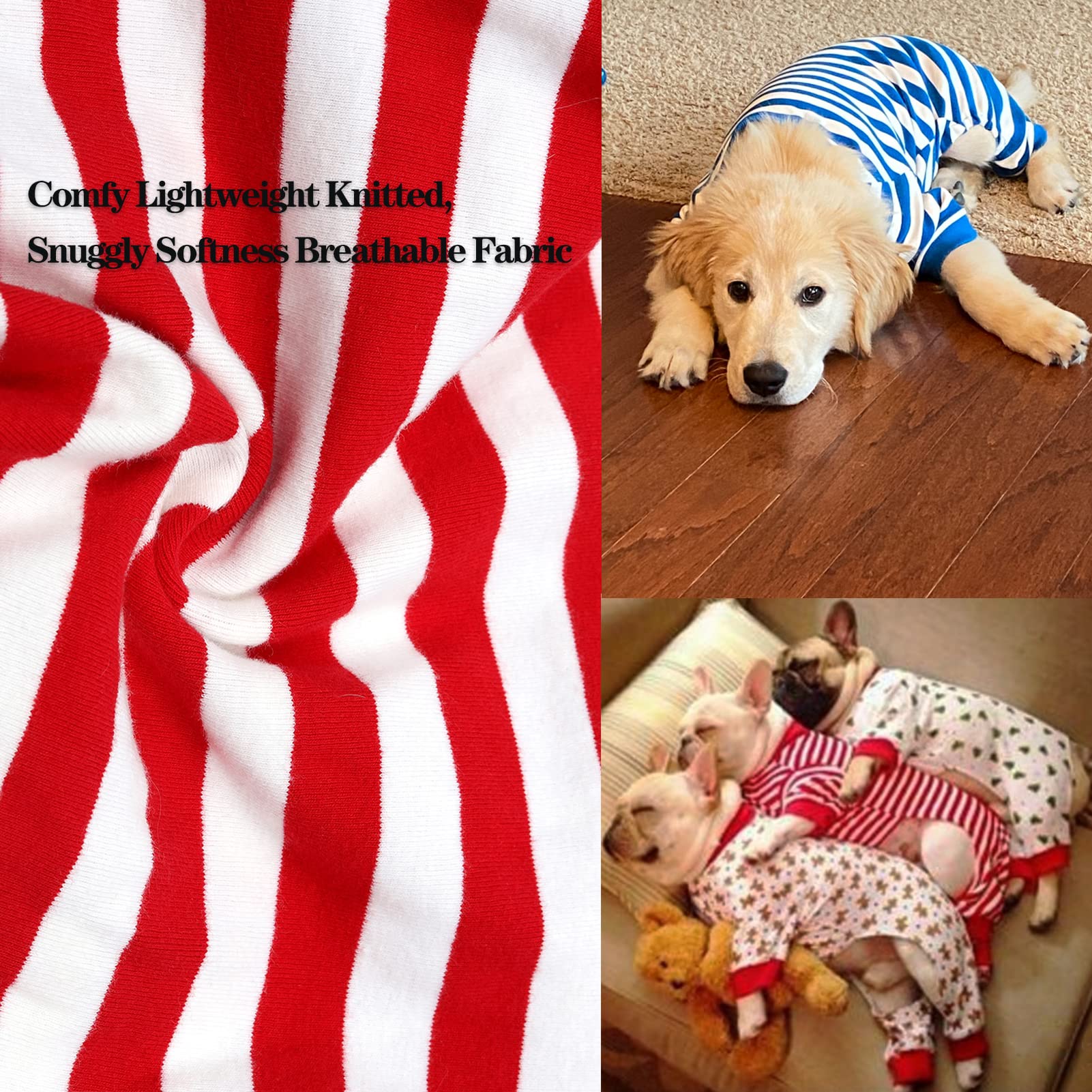 Caslfuca Dog Pajamas For Large Dogs, Cotton Thermal Dog Pjs Jumpsuit With Cover Legs Christmas Puppy Clothes, Striped Onesie Dog Suit For Small Medium Large Dogs (Large, Redwhite)
