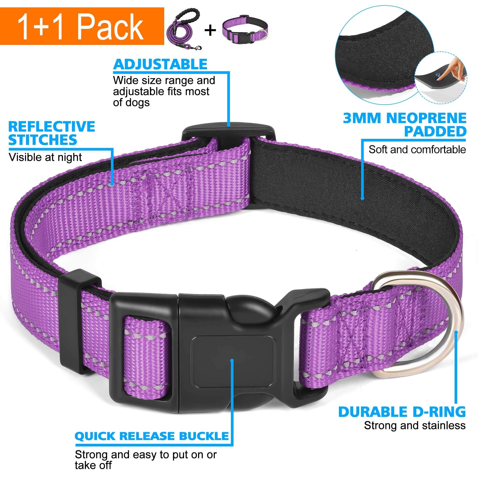 Ladoogo Reflective Dog Collar Padded With Soft Neoprene Breathable Adjustable Nylon Dog Collars For Small Medium Large Dogs (X-Small (Pack Of 1), Purple Collar+Leash)