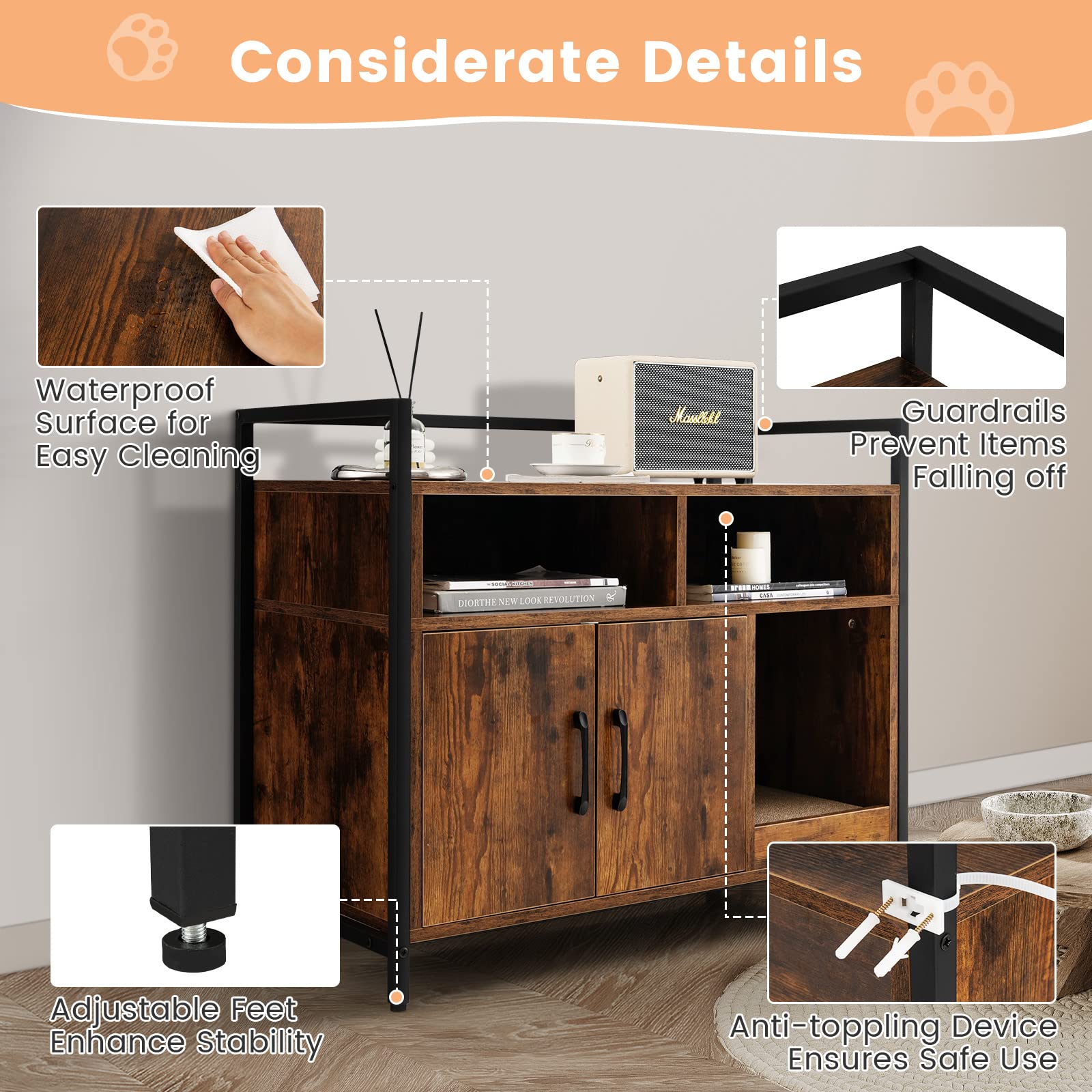 Petsite Cat Litter Box Enclosure, Litter Box Cabinet With Cat Scratcher, 2-Door Storage Cabinet, 2 Open Compartments And Air Vents, Wooden Hidden Litter Box Furniture, Rustic Brown