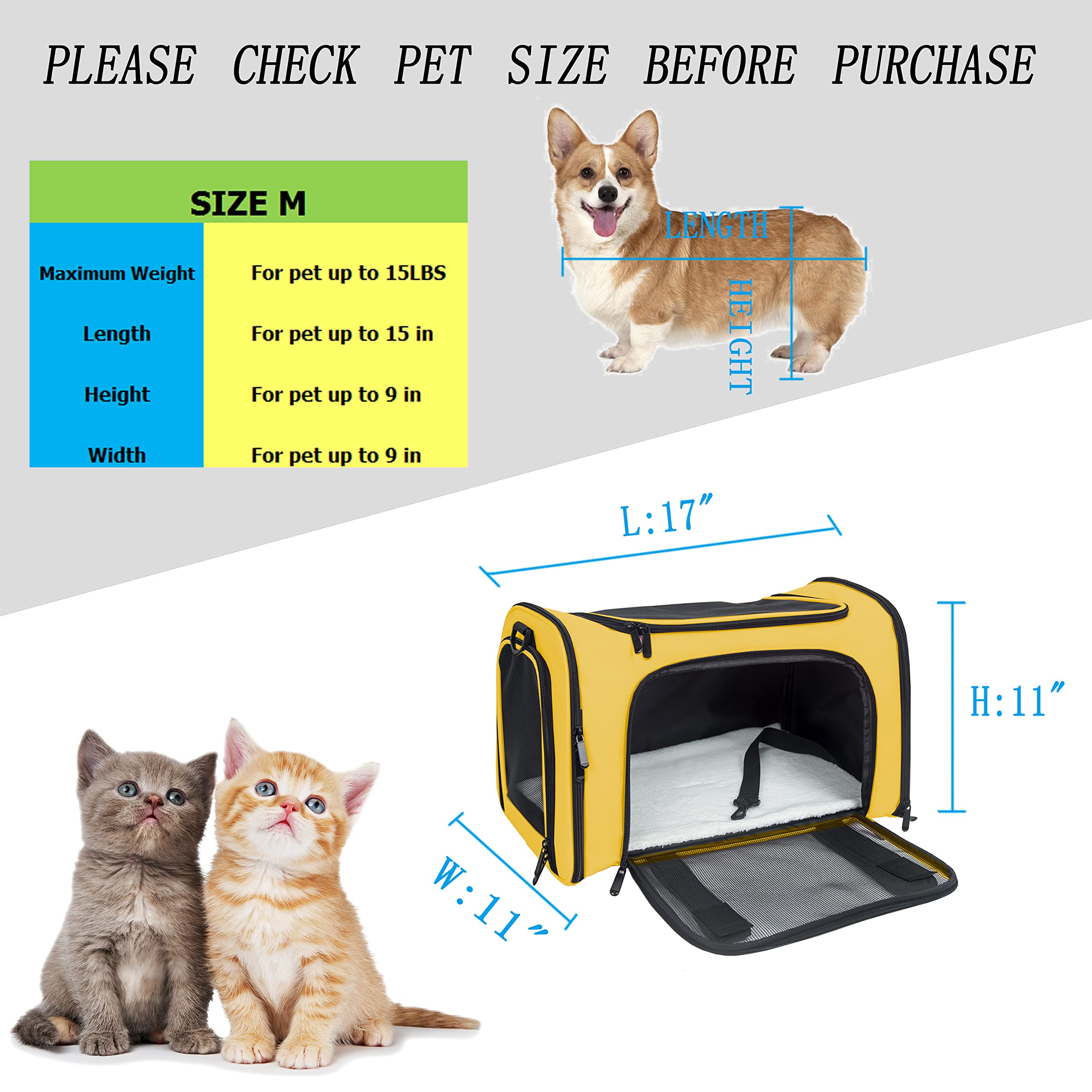 Nextfri Soft Sided Carrier For Small Medium Cats Dogs,Tsa Airline Approved Collapsible Travel Pet Carrier (Medium, Yellow)