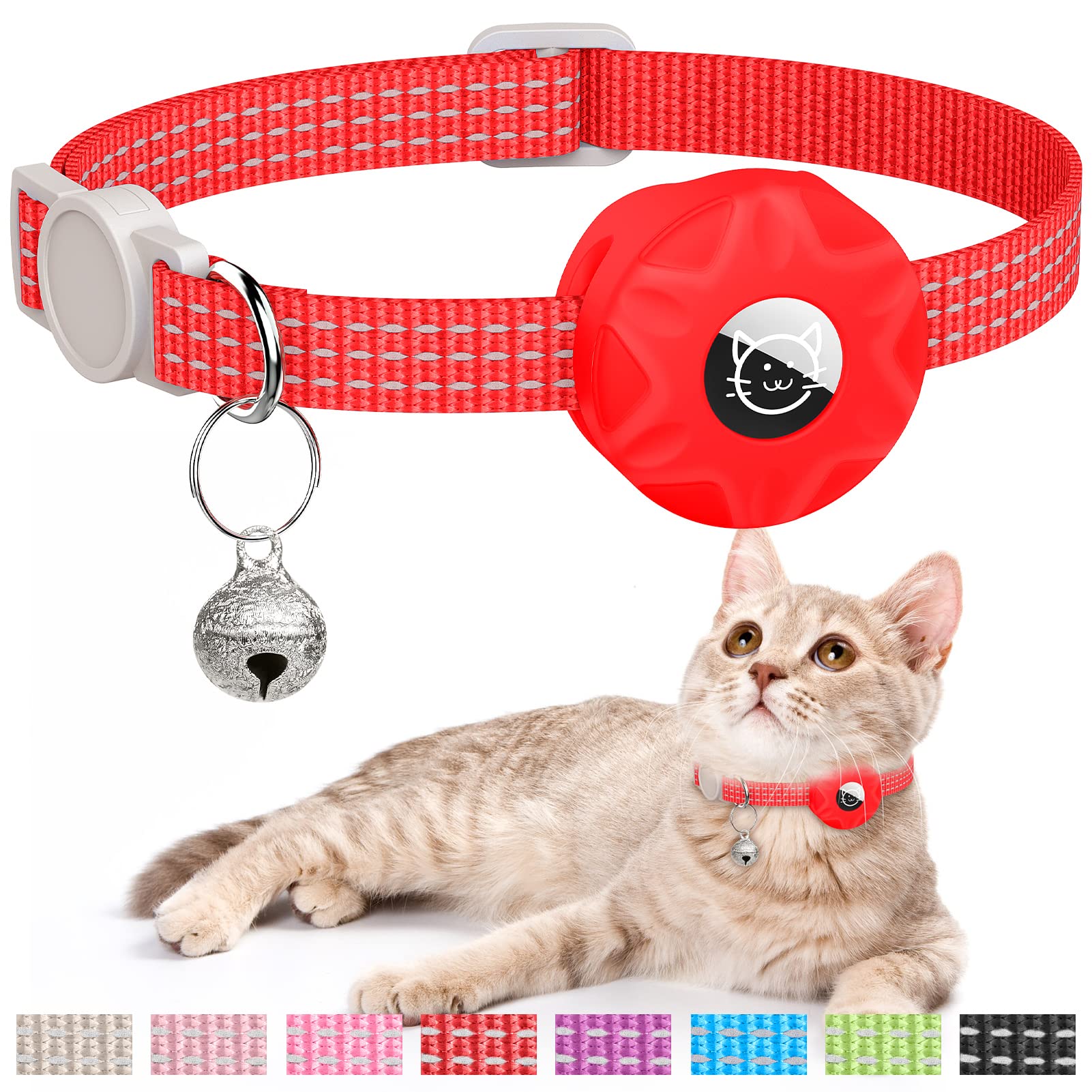 Airtag Cat Collar, Reflective Kitten Collar Breakaway Apple Air Tag Cat Collar, Gps Cat Collar With Airtag Holder And Bell, Lightweight Tracker Cat Collars For Girl Boy Cats, Kittens And Puppies (Red)