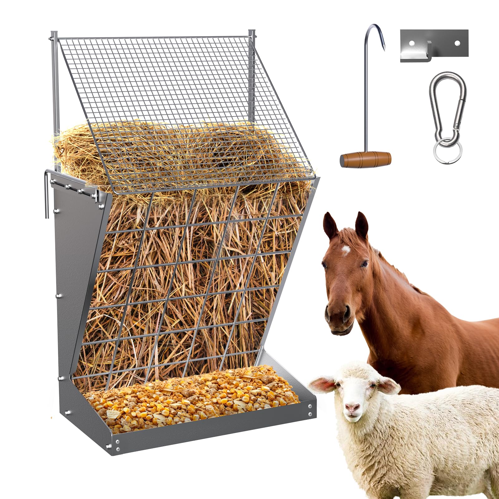 Wall Mount Hay Rack, 2 in-1 Goat Hay Feeder with Hook, 19 Gallons Heavy Duty Galvanized Wall Hay Rack, Livestock Feeder with Adj