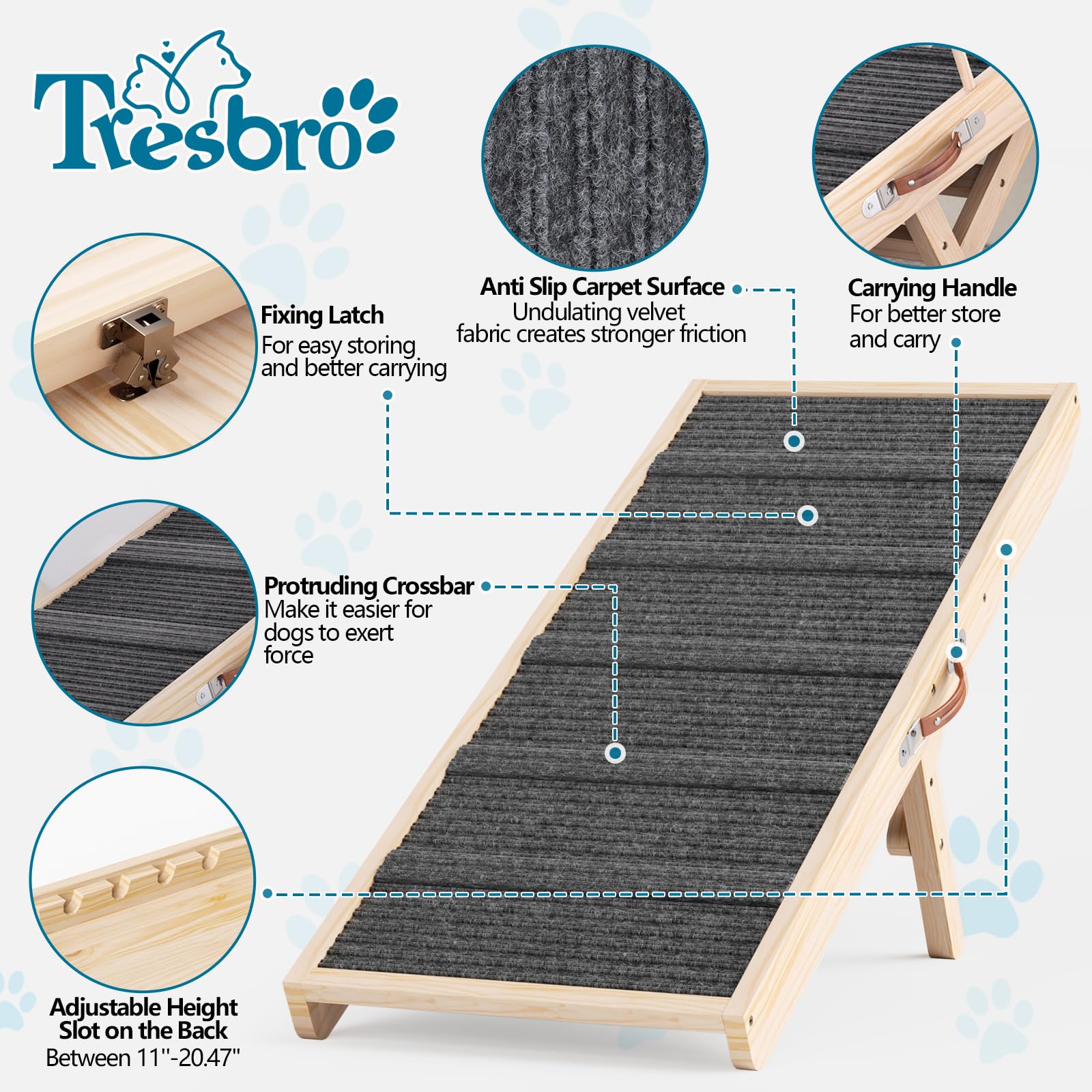 Tresbro Dog Ramp for Couch, 40 Long Dog Ramps with Adjustable 11 to 20.47 Height, Portable Dog Ramp with Anti-Slip Carpet