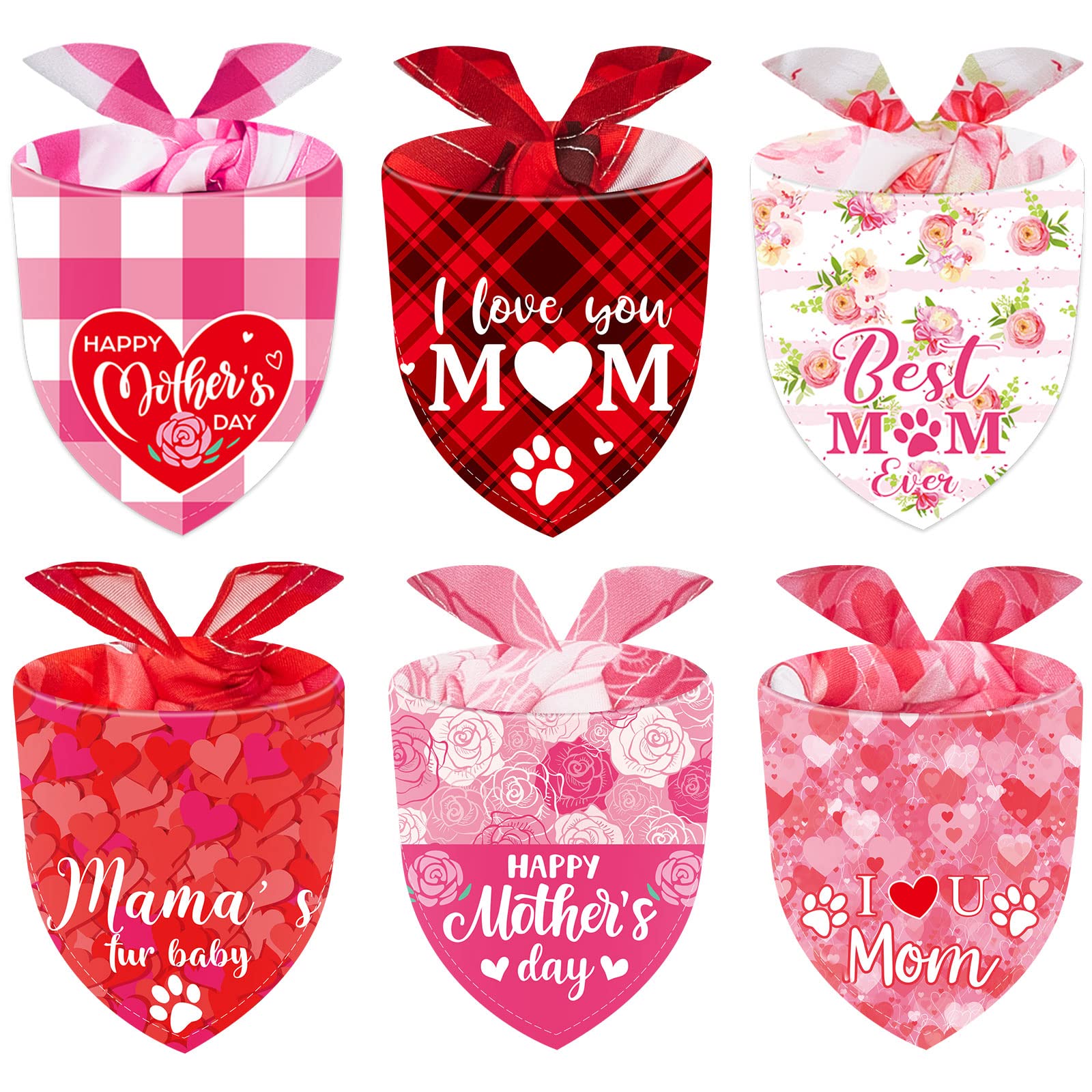 6 Pcs Mother'S Day Dog Bandana Triangle Plaid Heart Bandanas I Love Mom Bib Flower Print Pet Scarf Accessories For Dogs Cats Pet