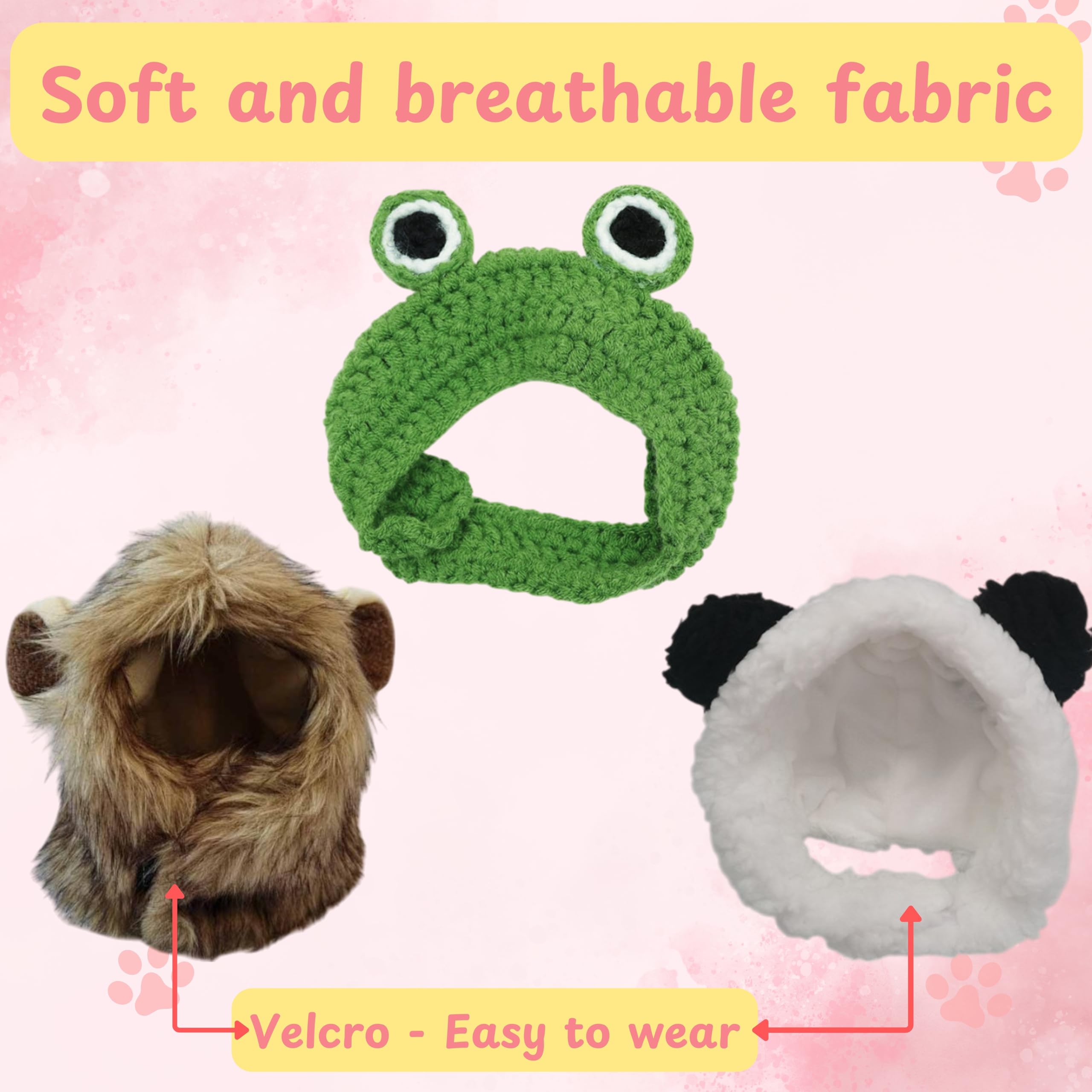 3Pcs Hat For Cat Animal Costume Pack, Lion Head For Cats, Cat Panda Costumes, Frog Costume For Cats, Adjustable Washable Soft Sm