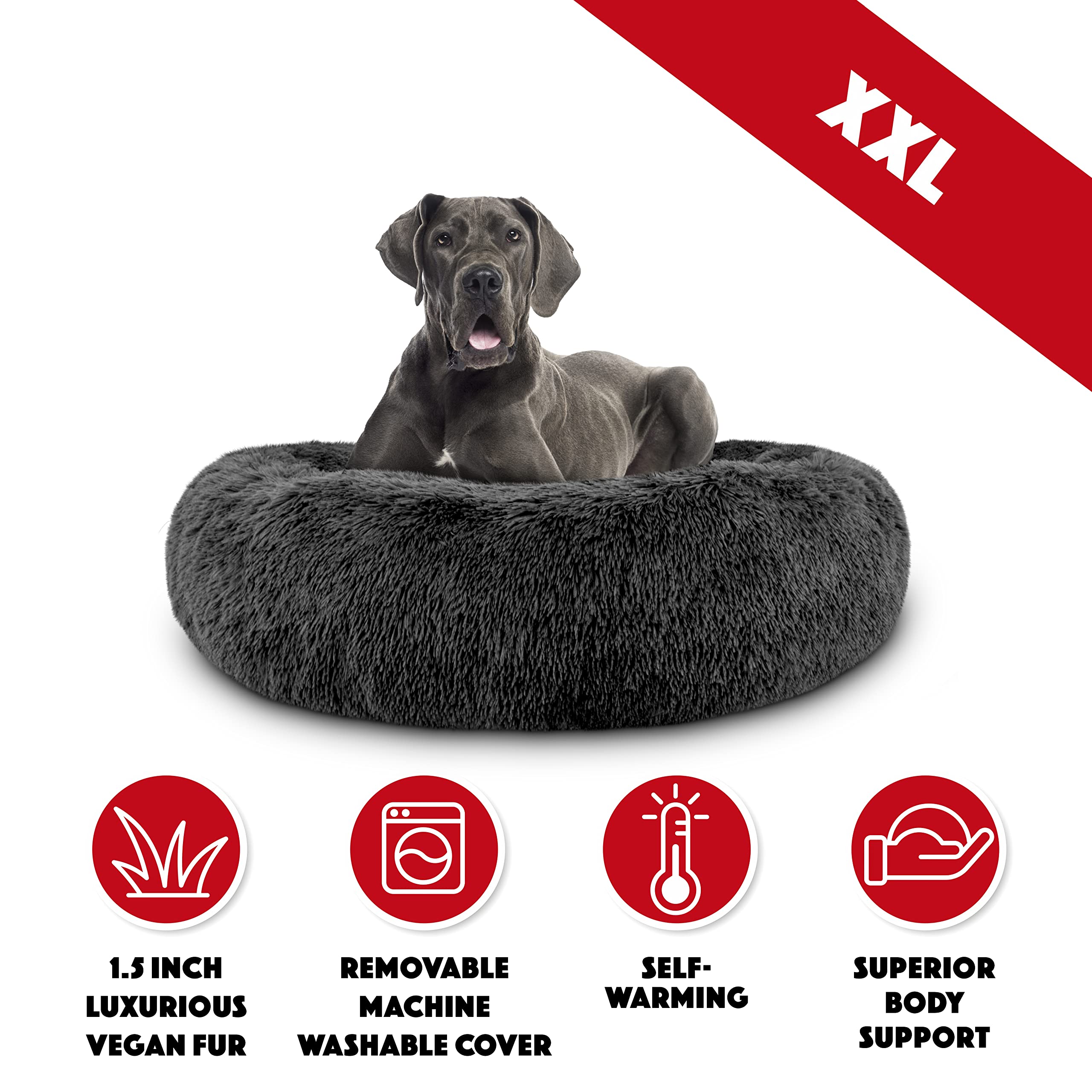 The Dogs Bed Sound Sleep Donut Dog Bed, XXL Grey Fur Calming Nest Bed Removable Cover, Veterinary Approved