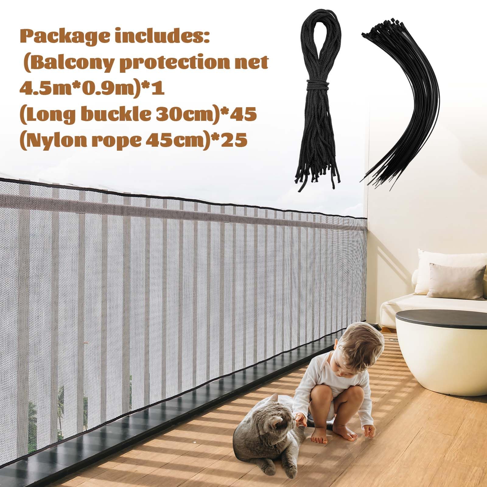 Hosuly Banister Guard 15 x 3 ft Balcony Netting for Kids Pets Stairway Safety Net Baby Fence Door Balcony Netting Safety Mesh St