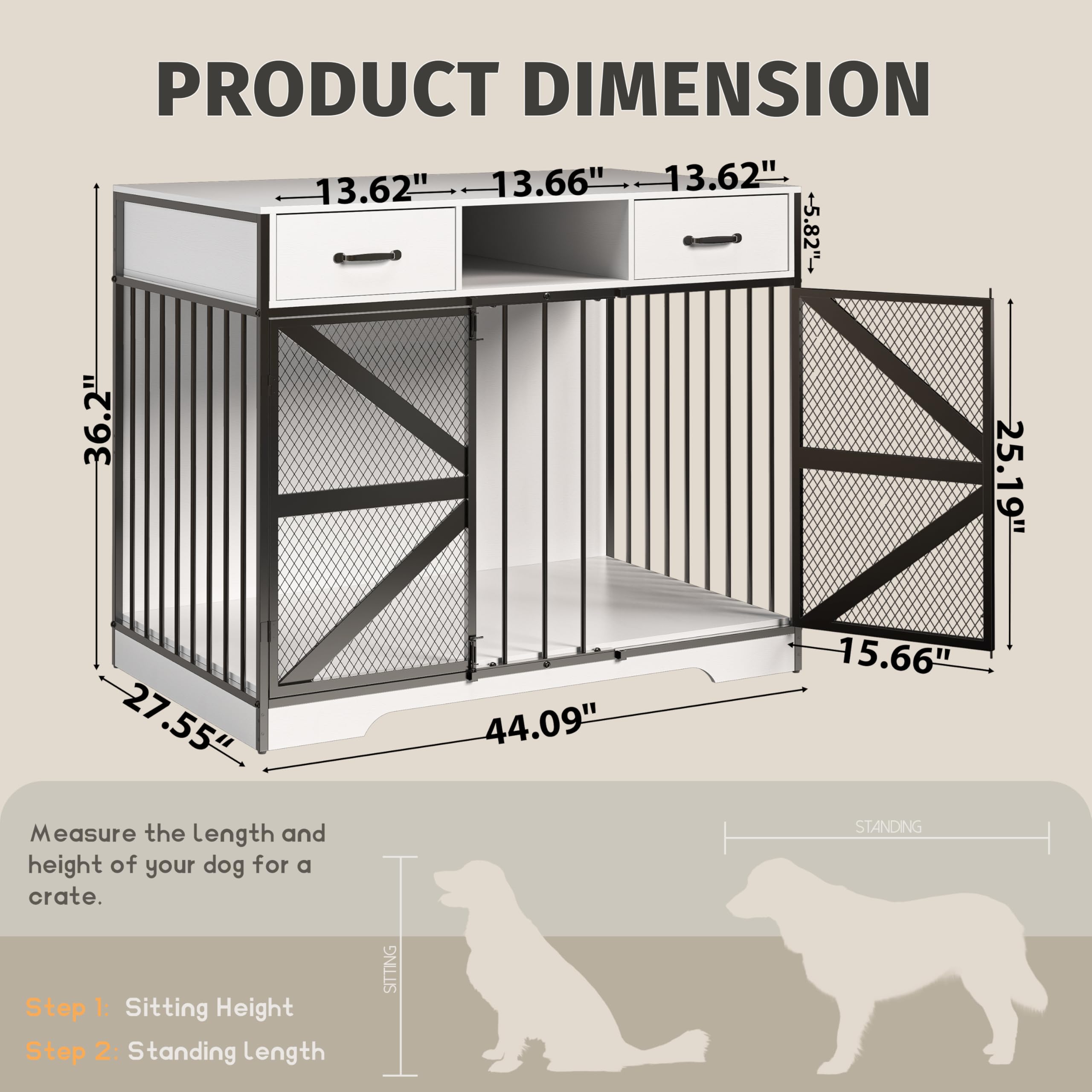 Fatmok Dog Crate Furniture, 44 Large Dog Kennel Furniture Indoor, Metal XL Dog Cage for Large/Medium Dogs, Wooden Heavy Duty Dec