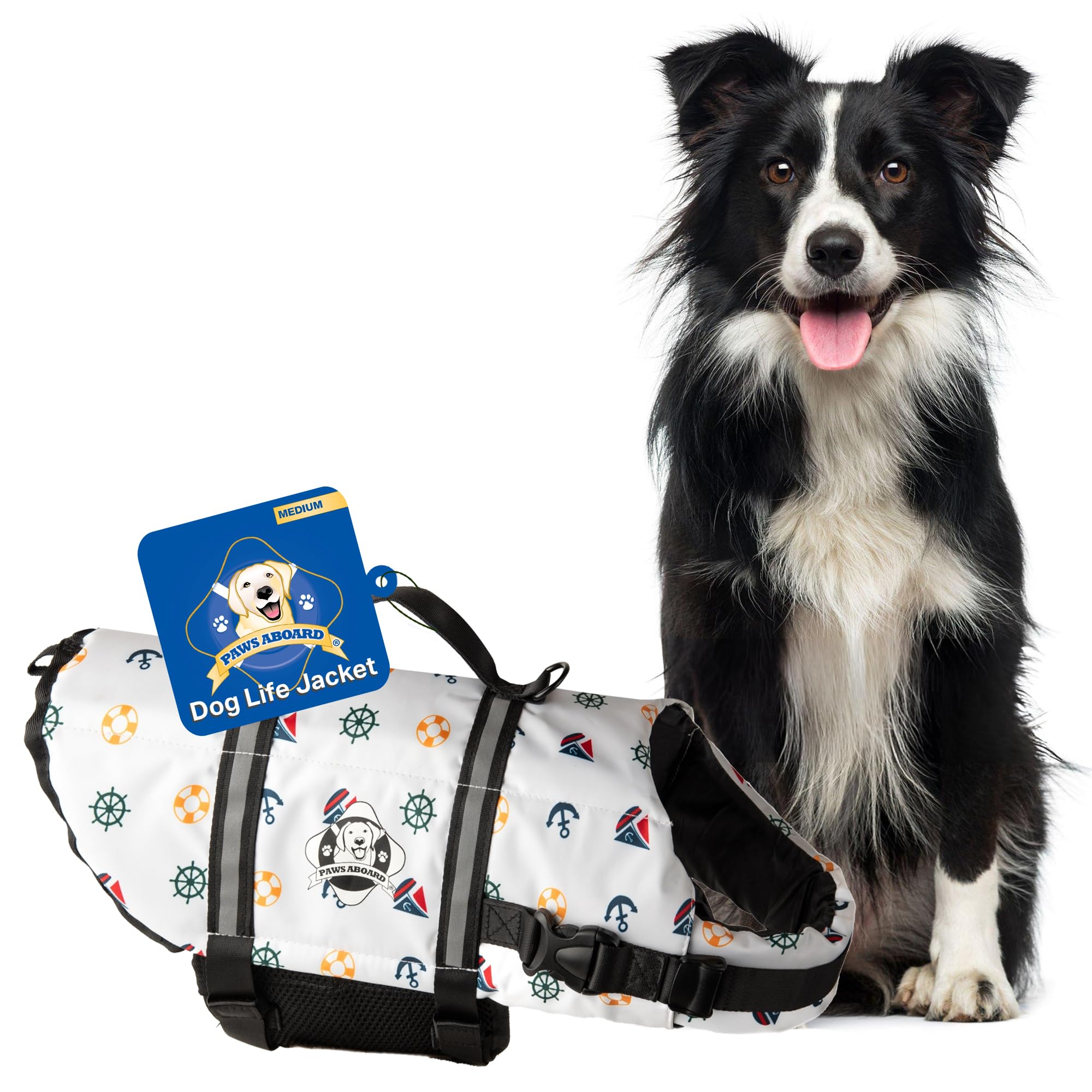 Paws Aboard Dog Life Jacket - Keep Your Canine Safe With A Neoprene Life Vest For Swimming And Boating - Available In Different Sizes, Color And Design To Choose - Nautical Dog, Medium