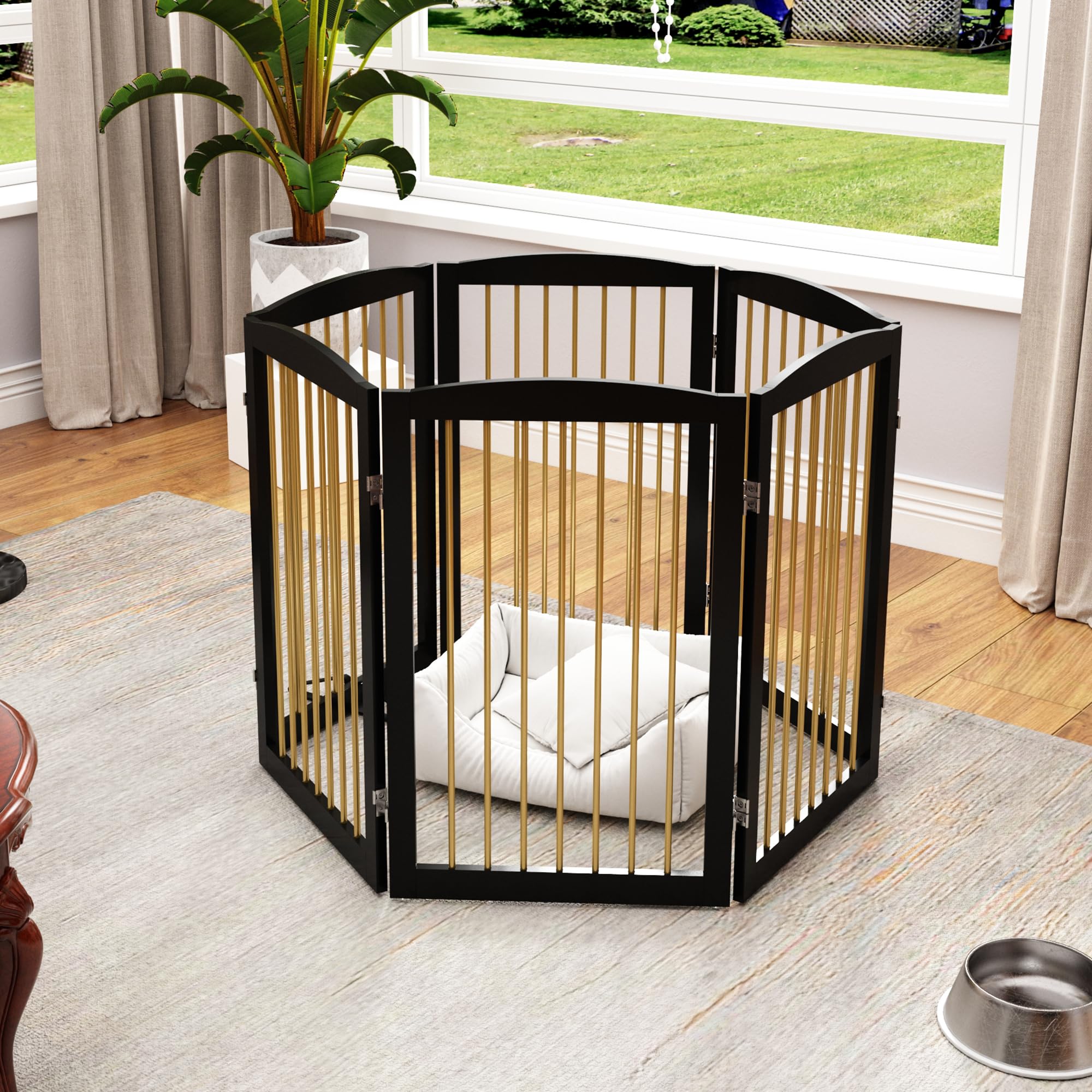 PUPETPO Freestanding Pet Gate for Dogs, Indoor Wooden Dog Gate for House, Extra Wide Foldable Dog Gate for Stair, Doorway, Hall,