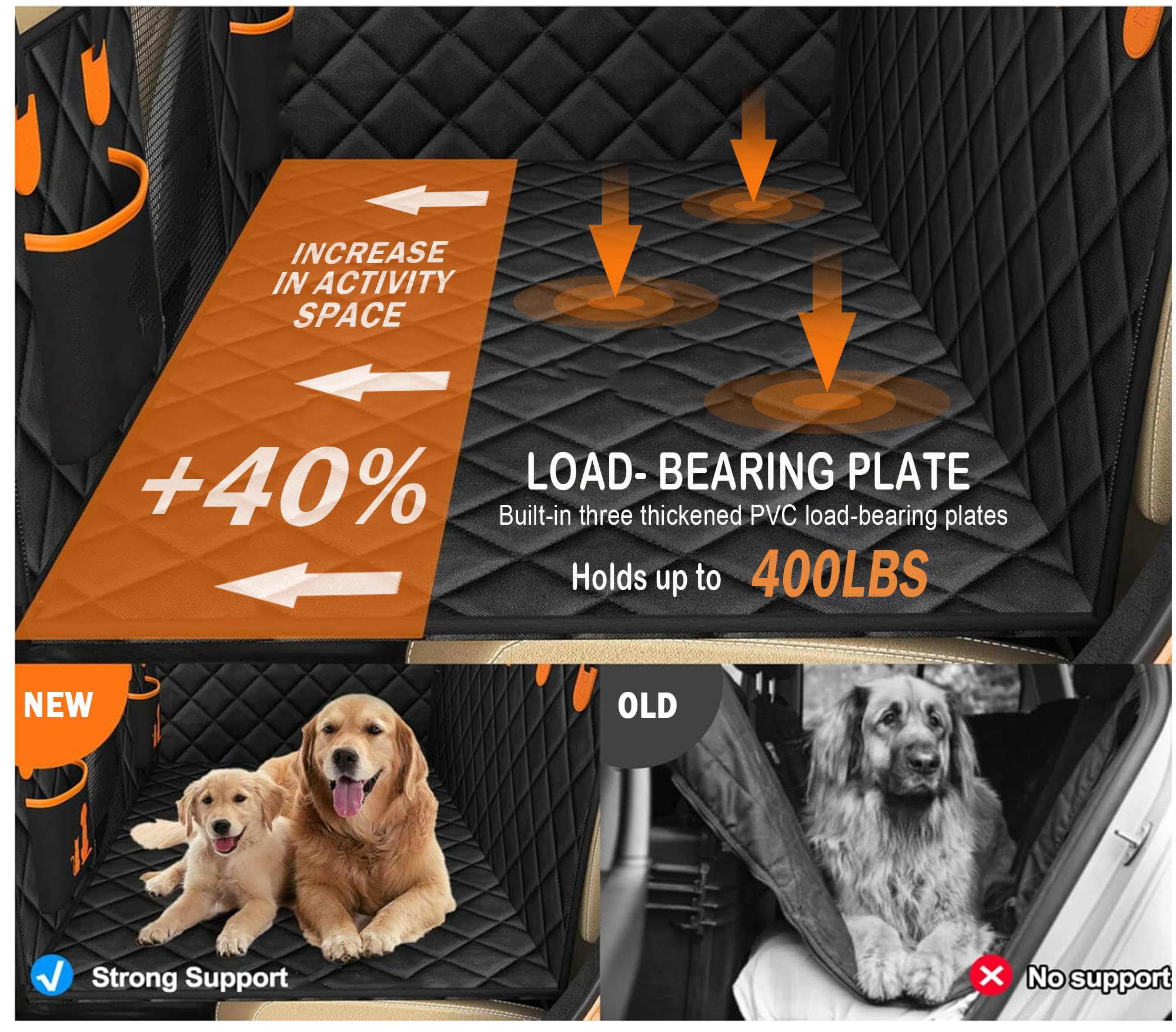 Fifipets Waterproof Dog Car Seat Cover Hard Bottom-Detachable, Back Seat Extender For Dogs-Supports 400Lb, Heavy Duty Scratch Pr