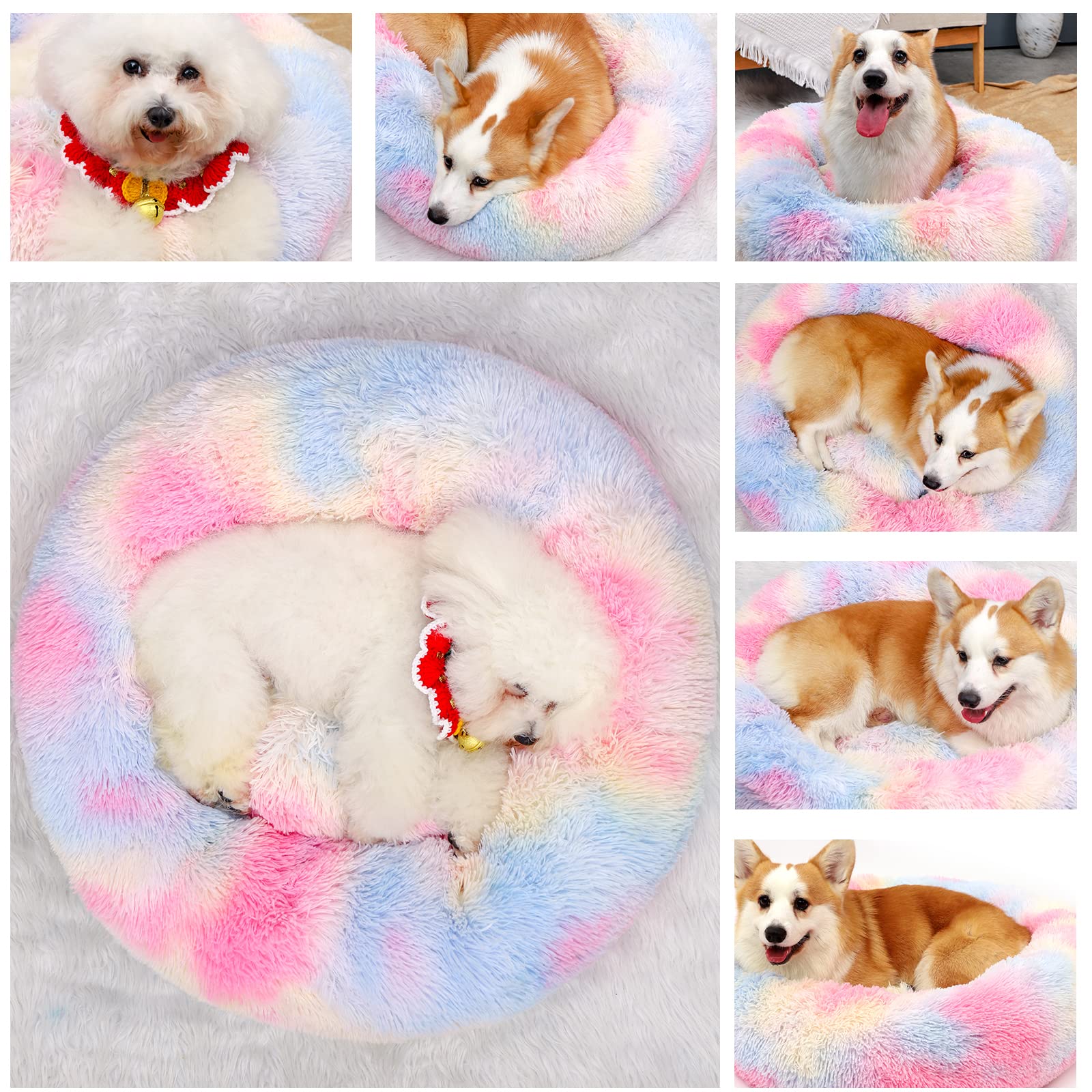 Kimpets Dog Bed Calming Dog Beds For Small Medium Large Dogs - Round Donut Washable Dog Bed, Anti-Slip Faux Fur Fluffy Donut Cuddler Anxiety Cat Bed(20'/27'/35') (S 20''X20'', Color)