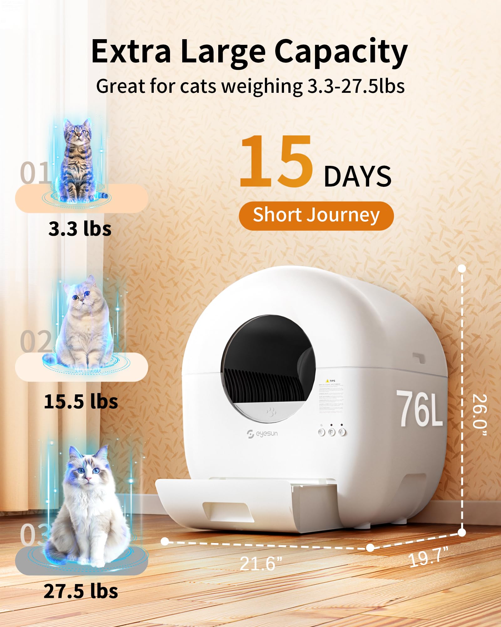 Self Cleaning Litter Box,76L Automatic Cat Litter Box Self Cleaning with APP Control,Low Noise,Safety Protection,Roll Garbage Ba