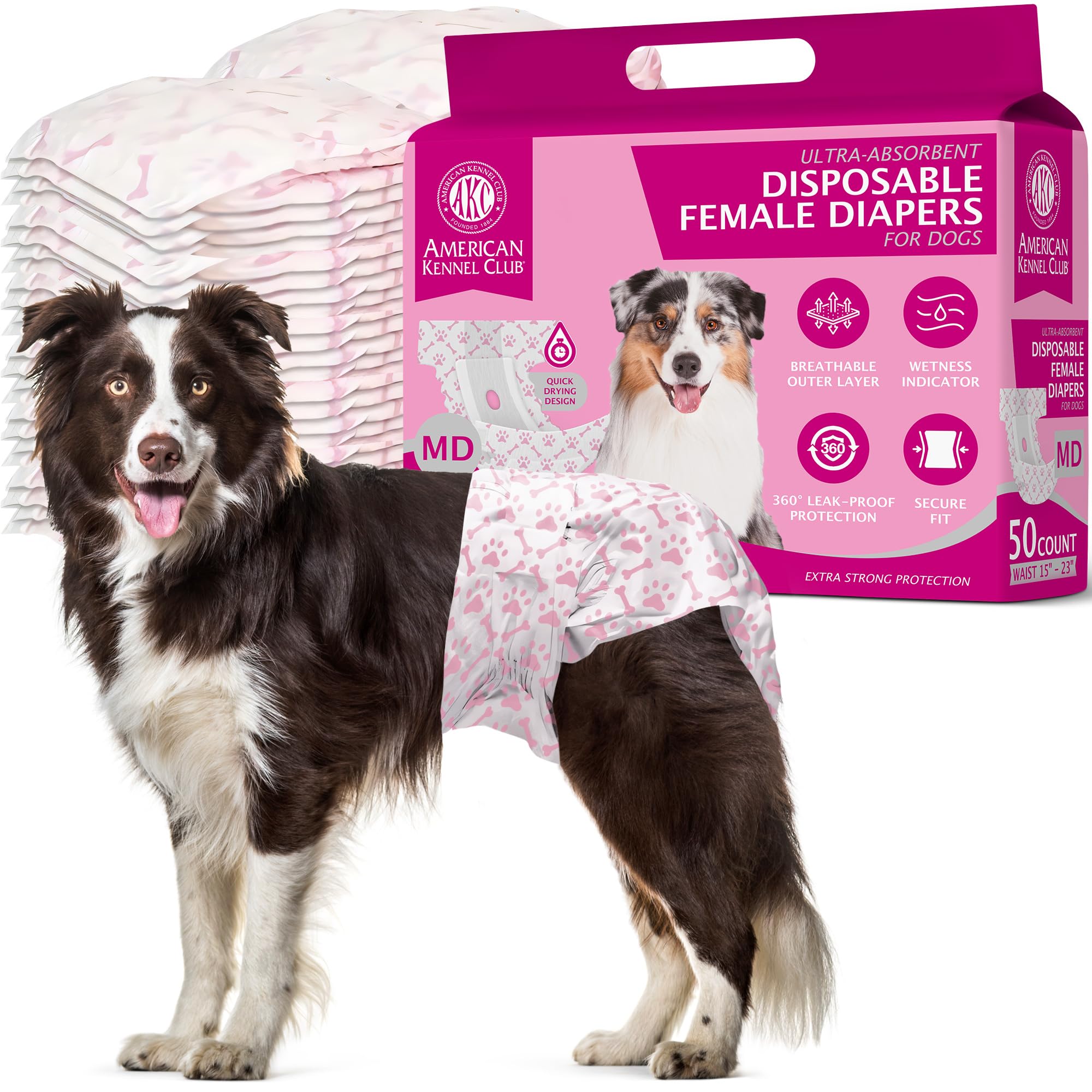 American Kennel Club Female Dog Wrap, Disposable Diapers With Wetness Indicator, Medium, 50 Count