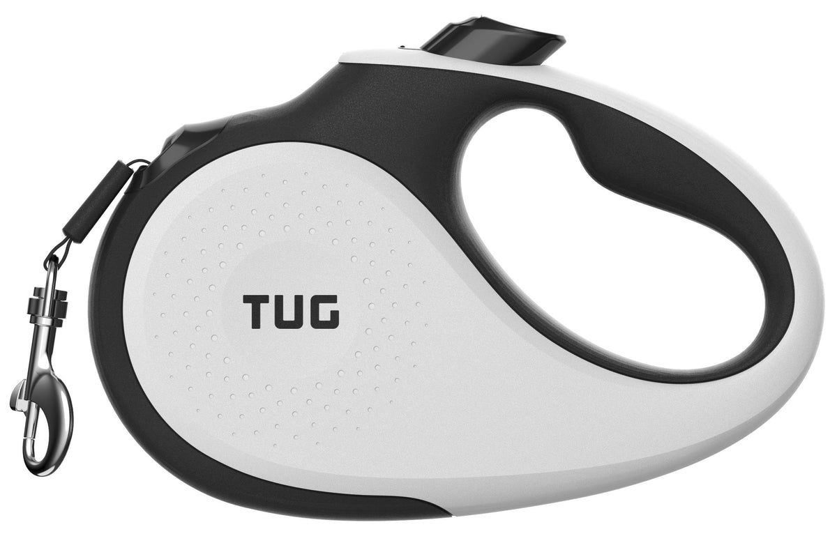 Tug 360° Tangle-Free Retractable Dog Leash | 16 Ft Strong Nylon Tape | One-Handed Brake, Pause, Lock (Large, White)