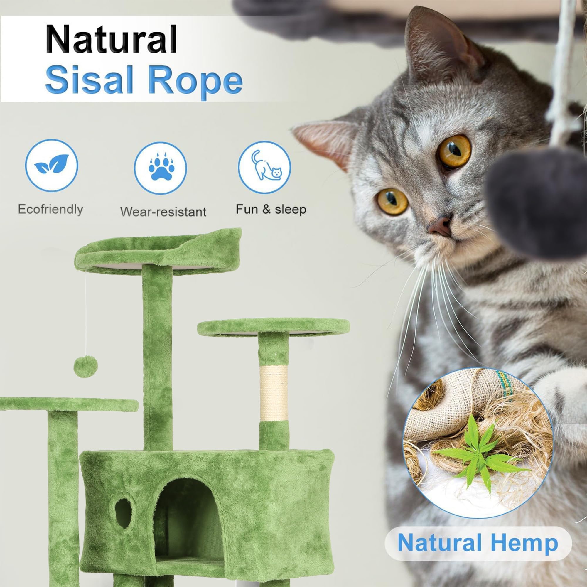 FDW | 54 Cat Tree Tower | Green | Multi-Level Indoor Activity Center with Sisal Scratching Posts, Condos, Plush Perches, Hanging