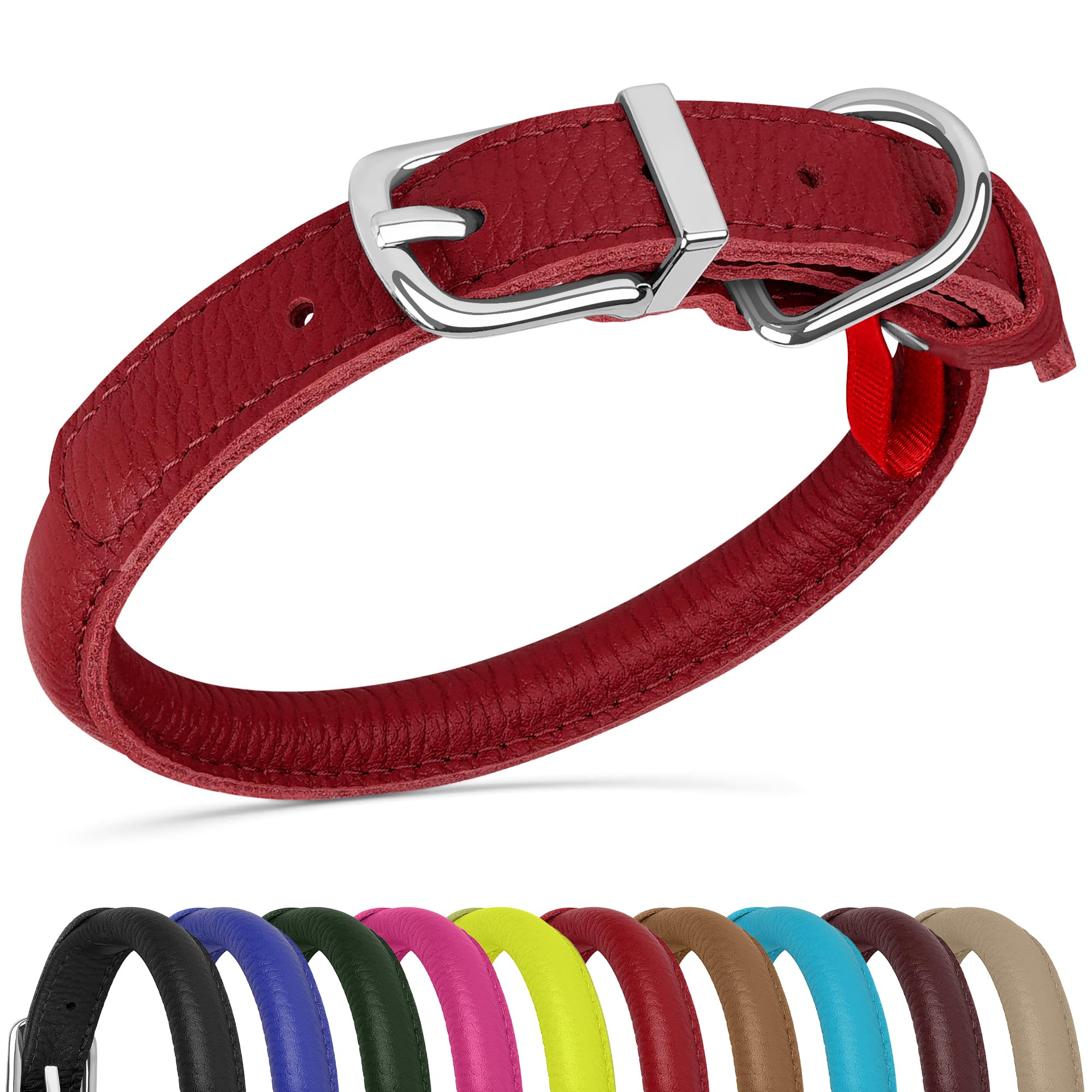 Oopsdoggy Rolled Leather Dog Collar Soft Roll Collars For Small Medium Large Dogs Puppy (Red, M, 12''-15'')