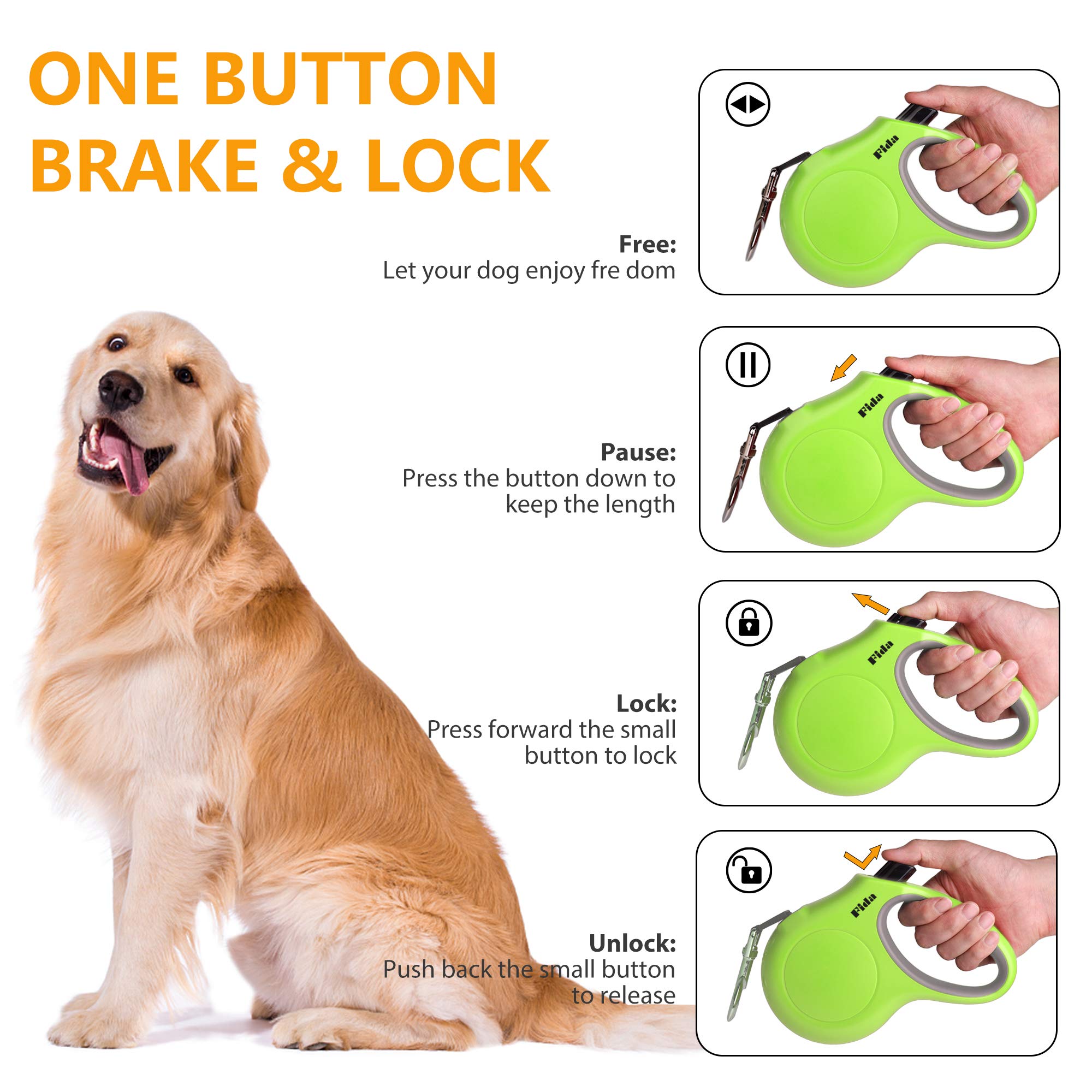 Fida Retractable Dog Leash With Dispenser And Poop Bags, 16 Ft Pet Walking Leash For Small Dog Or Cat Up To 26 Lbs, Anti-Slip Handle, Tangle Free, Reflective Nylon Tape (S, Green)