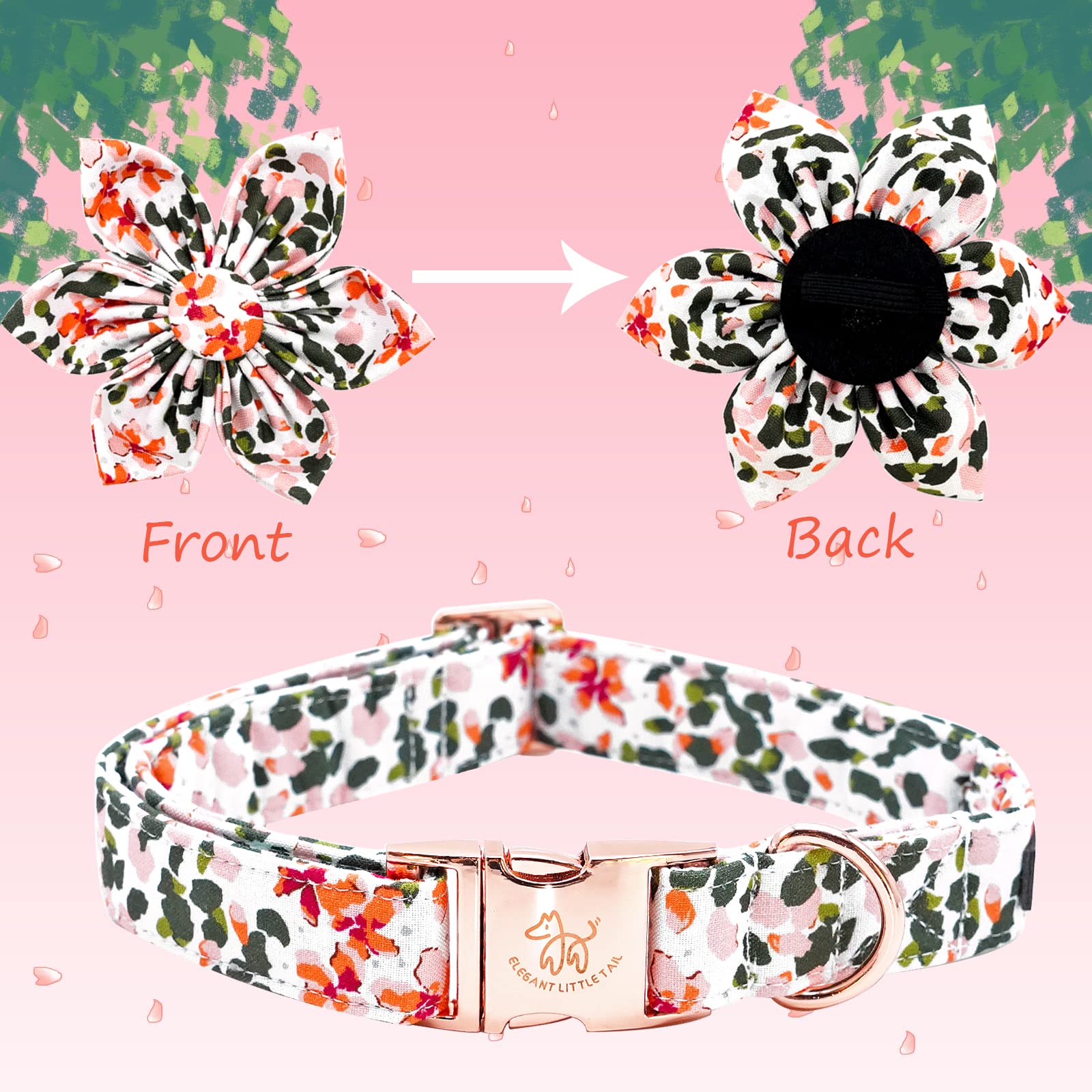 Elegant Little Tail Pink Flower Dog Collar with Bowtie, Spring Flower Cute Pink Pet Collar Bow, Adjustable Dog Collar for Large