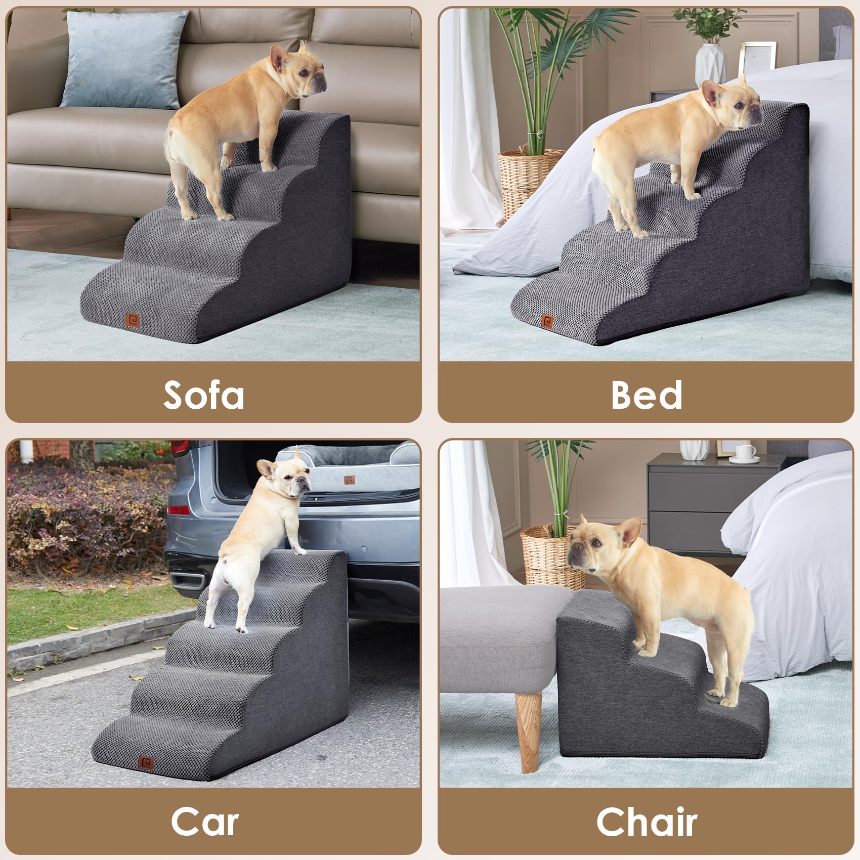 Eheyciga Curved Dog Stairs Ramp For Small Dogs 15.7' H, 3-Step Dog Steps For Couch Sofa And Chair, Pet Stairs For Cats, Non-Slip Balanced Pet Steps Indoor, Grey
