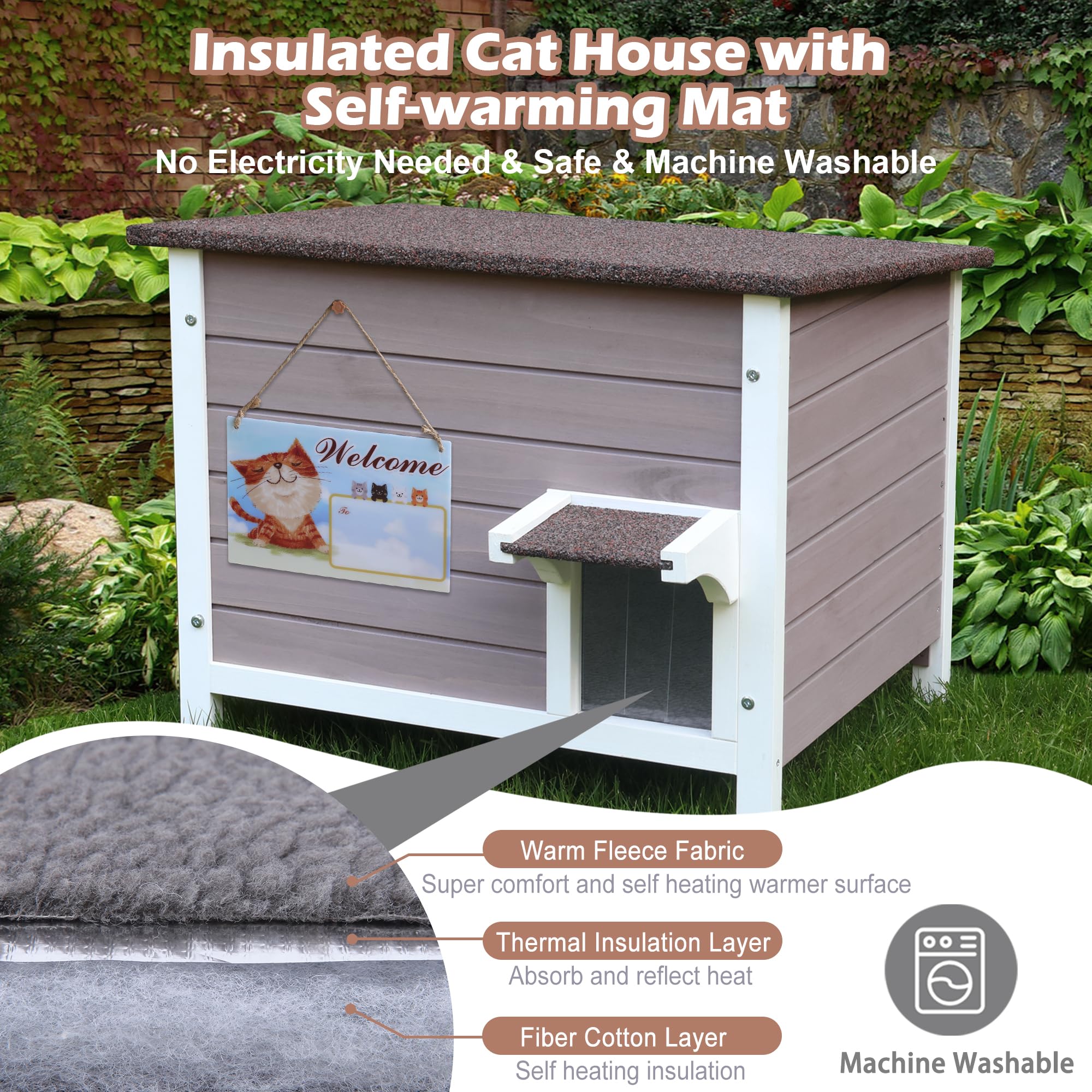 Deblue Ourdoor Cat House, 100% Insulated Cat Houses For Outdoor Cats, Weatherproof Feral Cat House With All-Round Foam, Wooden C