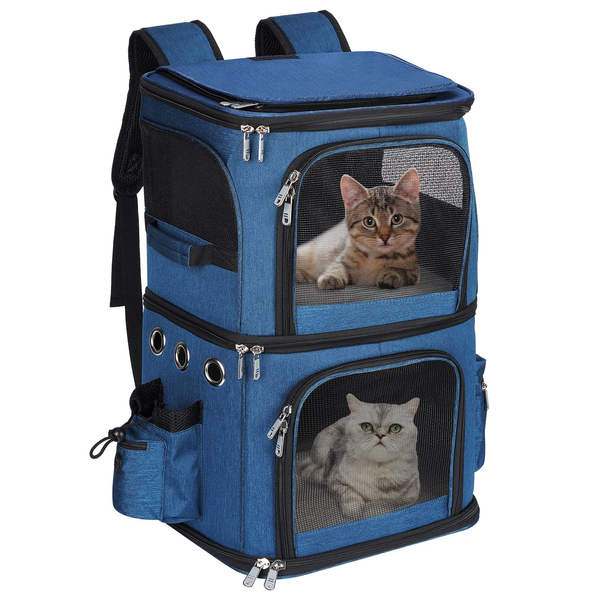 Hovono Double-Compartment Pet Carrier Backpack For Small Cats And Dogs, Cat Travel Carrier For 2 Cats, Perfect For Traveling/Hiking/Camping, Blue