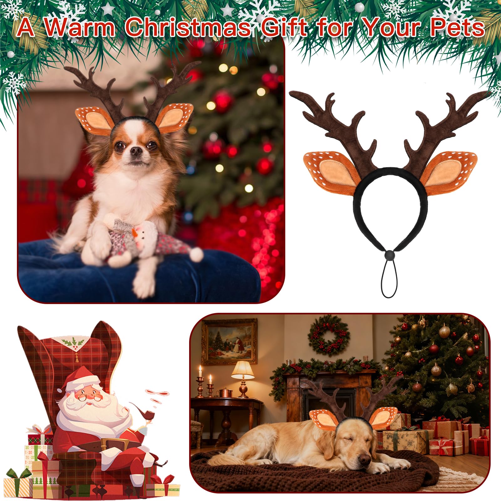 BWOGUE Dog Elk Reindeer Antler Headband with Santa Hat Pet Pet Christmas Costume Headwear Accessories for Dogs and Cats (Medium,