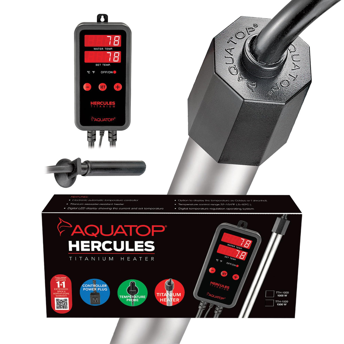 Aquatop 1000W Titanium Tube Heater With Digital Controller - Fully Submersible For 200-300 Gallon Fish Tanks, Adjustable High & 