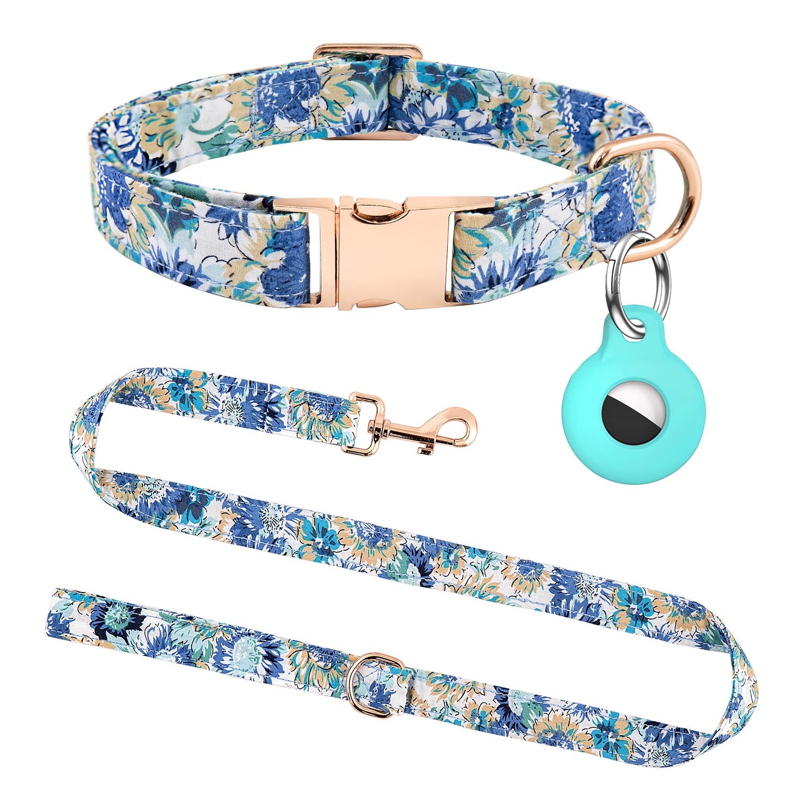 Dog Collar And Leash Set With Airtag Holder,Adjustable Dog Collars With Quick Release Metal Buckle, Flowers Patterns With Soft P