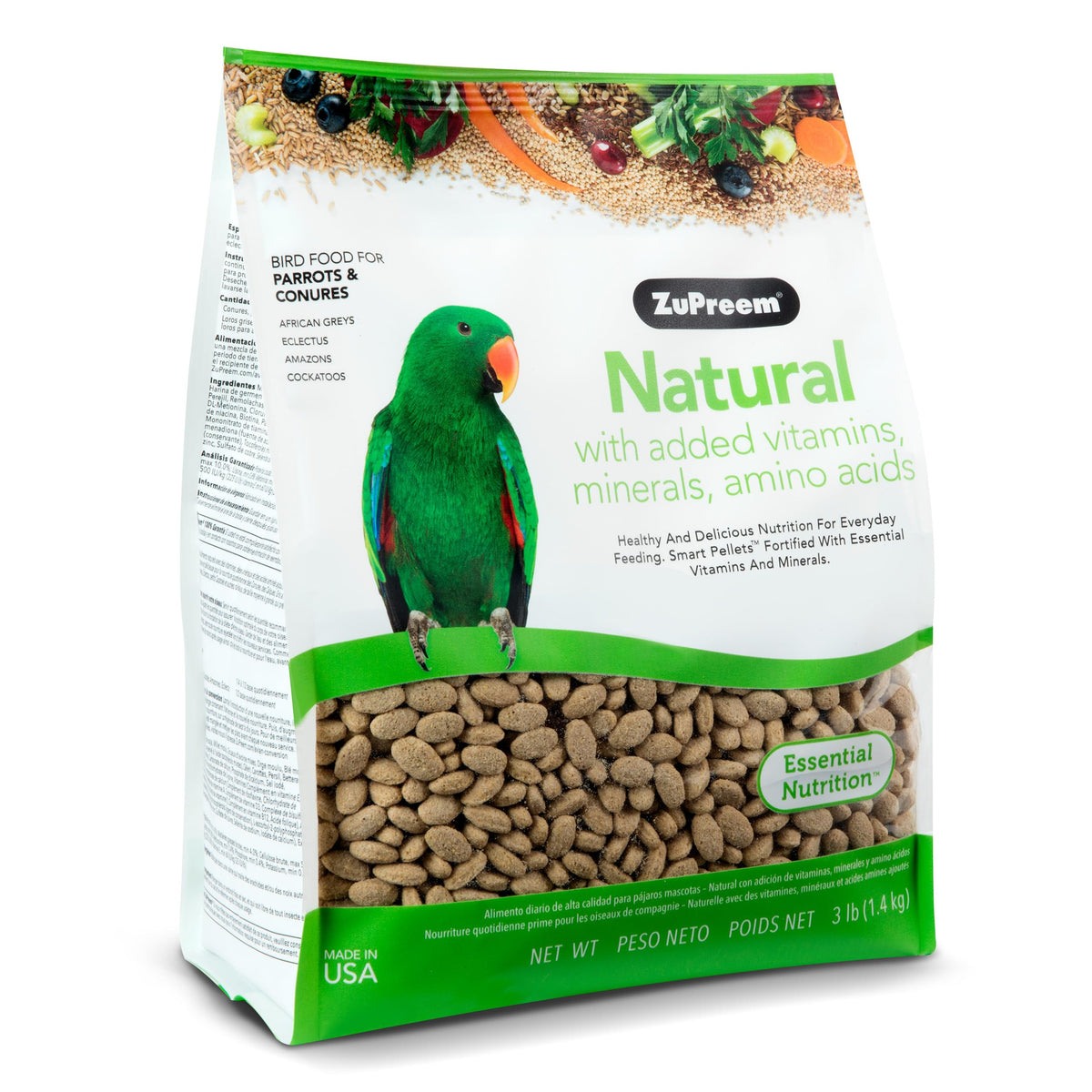 Zupreem Natural Bird Pellets, Daily Bird Food For Parrot, Conure, Caique, African Grey, Eclectus, Small Cockatoo, Core Nutrition For Medium Large Birds, Added Vitamins, Parrot Food (M/L, 3 Lb)