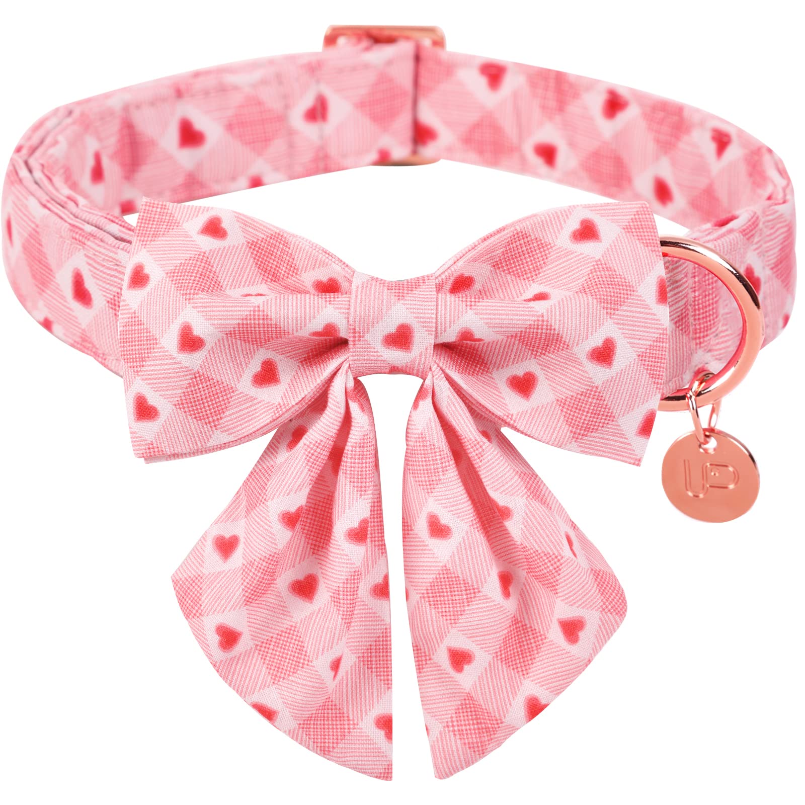 Up Urara Pup Valentine Dog Collar With Bow Tie, Valentine Bowtie Collar For Small Girl Boy Dog, Cotton Collar With Metal Buckle, Valentine’S Day Gift Pet Collar, S, Neck 10-16In, Pink Plaid