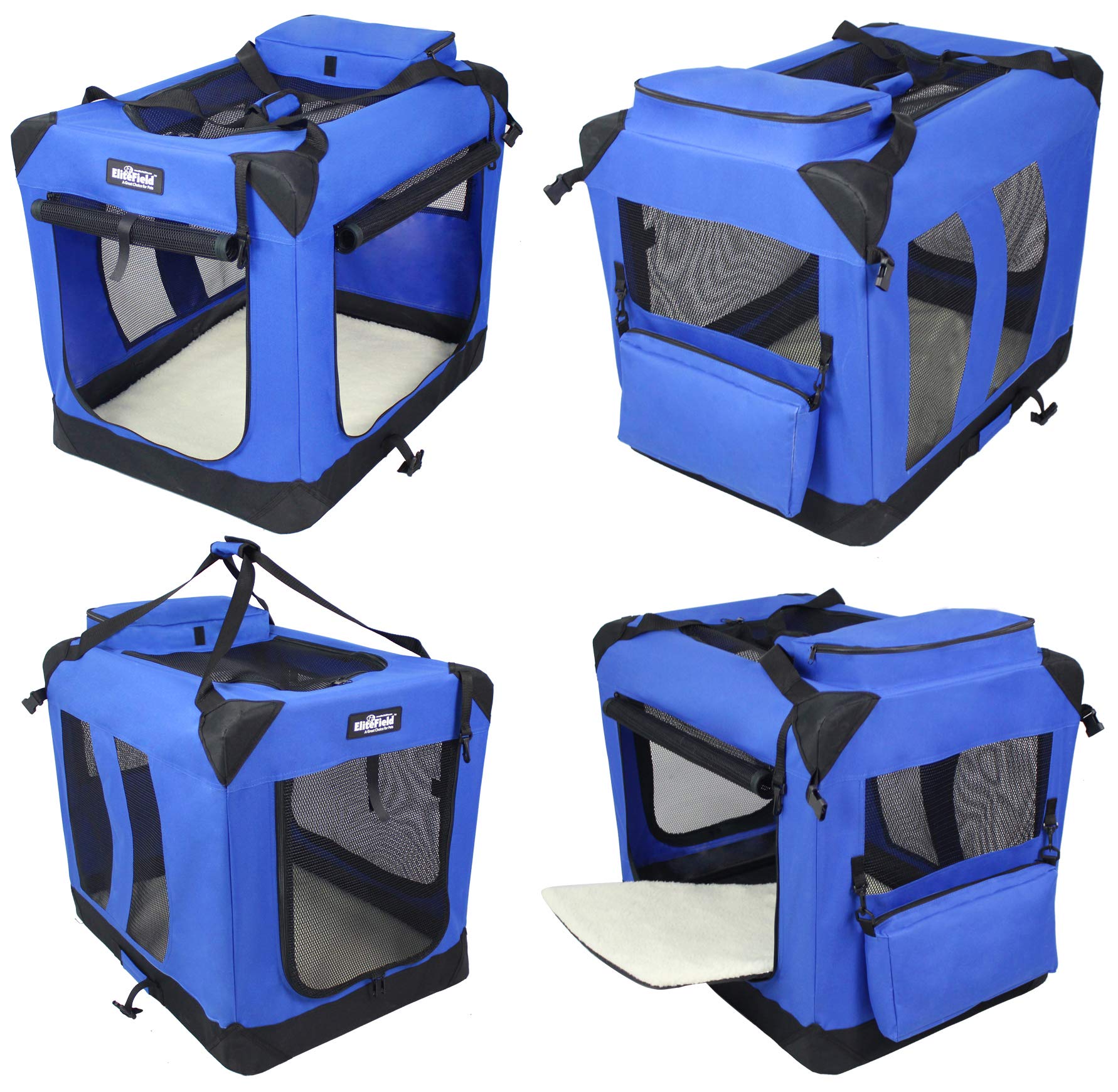 EliteField 3-Door Soft Dog Crate, 30" x 21" x 24", Royal Blue, Steel, Includes Carrying Bag & Fleece Bed, 2 Year Warranty
